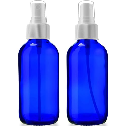2 Empty Blue Glass Spray Bottles - Small 4oz Refillable Bottle is Great for Essential Oils  Organic Beauty Solutions  Homemade Cleaning and Aromatherapy - Small Portable Misters with Caps & Labels - 2 Pack