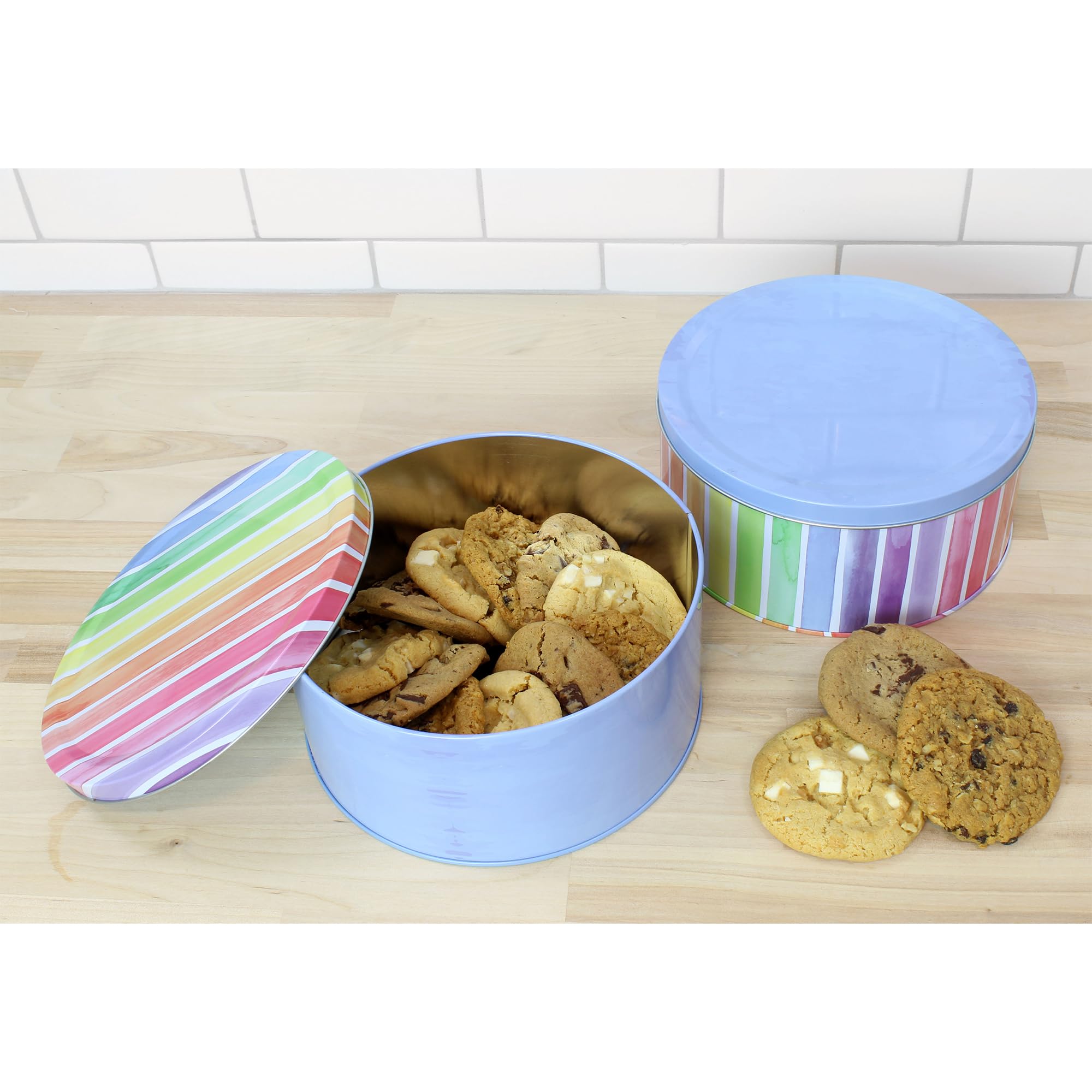 Cornucopia Cookie Tins (Set Of 2, Blue And Rainbow); Round Baking And Cake Tins For Special Occasions And Holidays, 7.75-Inch Wi