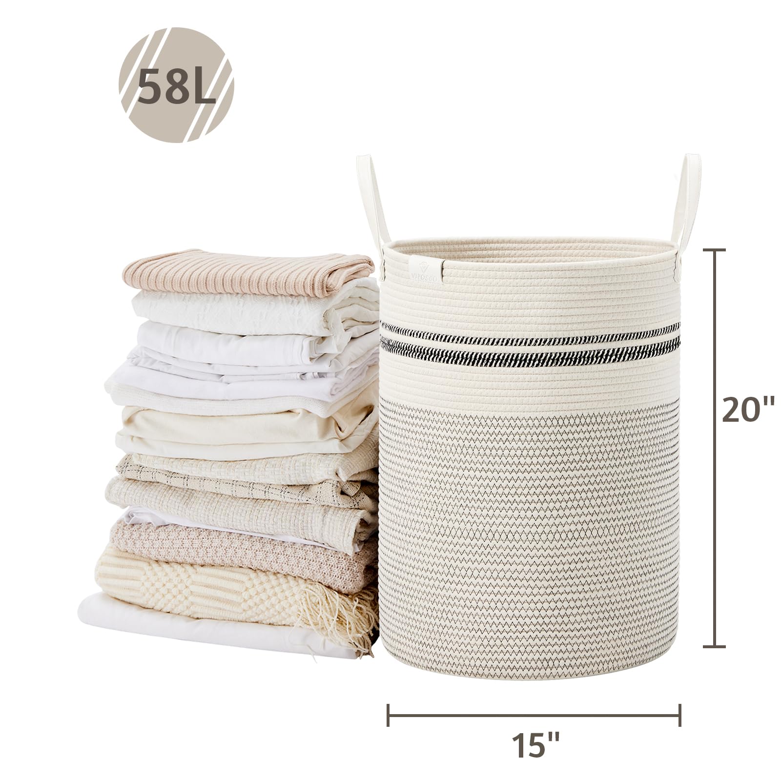 Viposco Tall Laundry Basket, Large Dirty Clothes Hamper With Leather Handle, Woven Rope Storage Basket For Blanket, Toy In Livin