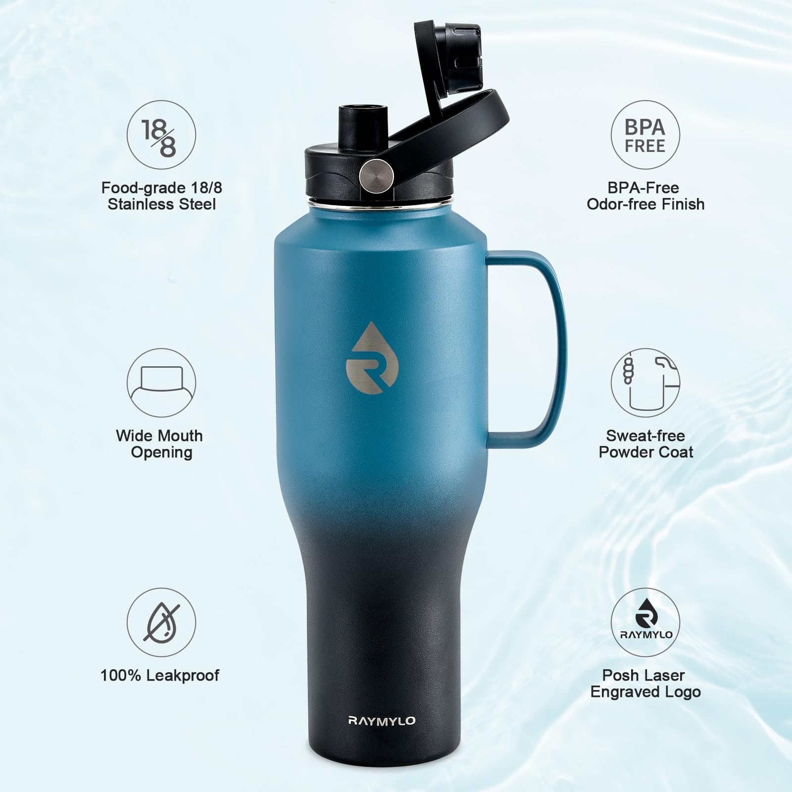 Raymylo Insulated Water Bottle 40Oz (Cold For 48 Hrs), Stainless Steel Water Bottle With Handle & Straw Lid & Paracord Handle, T