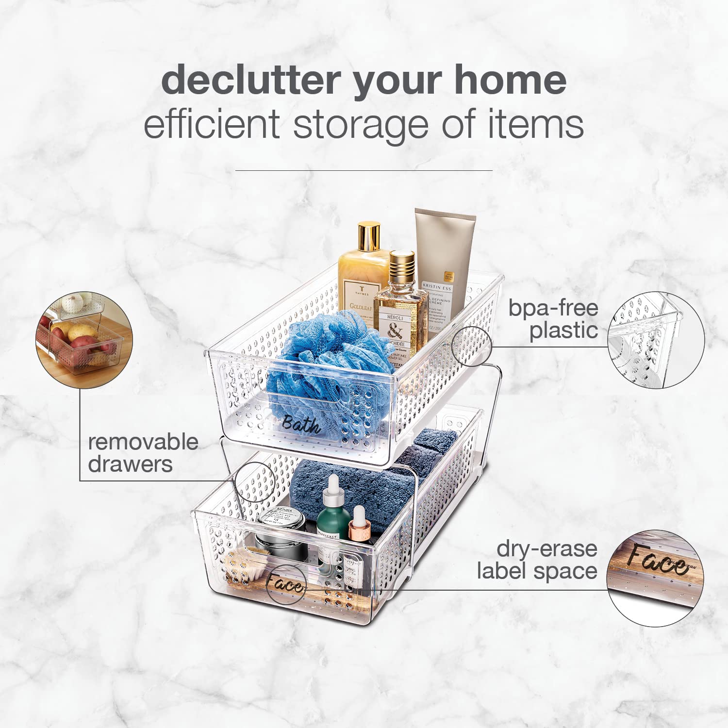 Madesmart 2-Tier Plastic Multipurpose Organizer with Divided Slide-Out Storage Bins  Under Sink and Cabinet Organizer Rack  Clear
