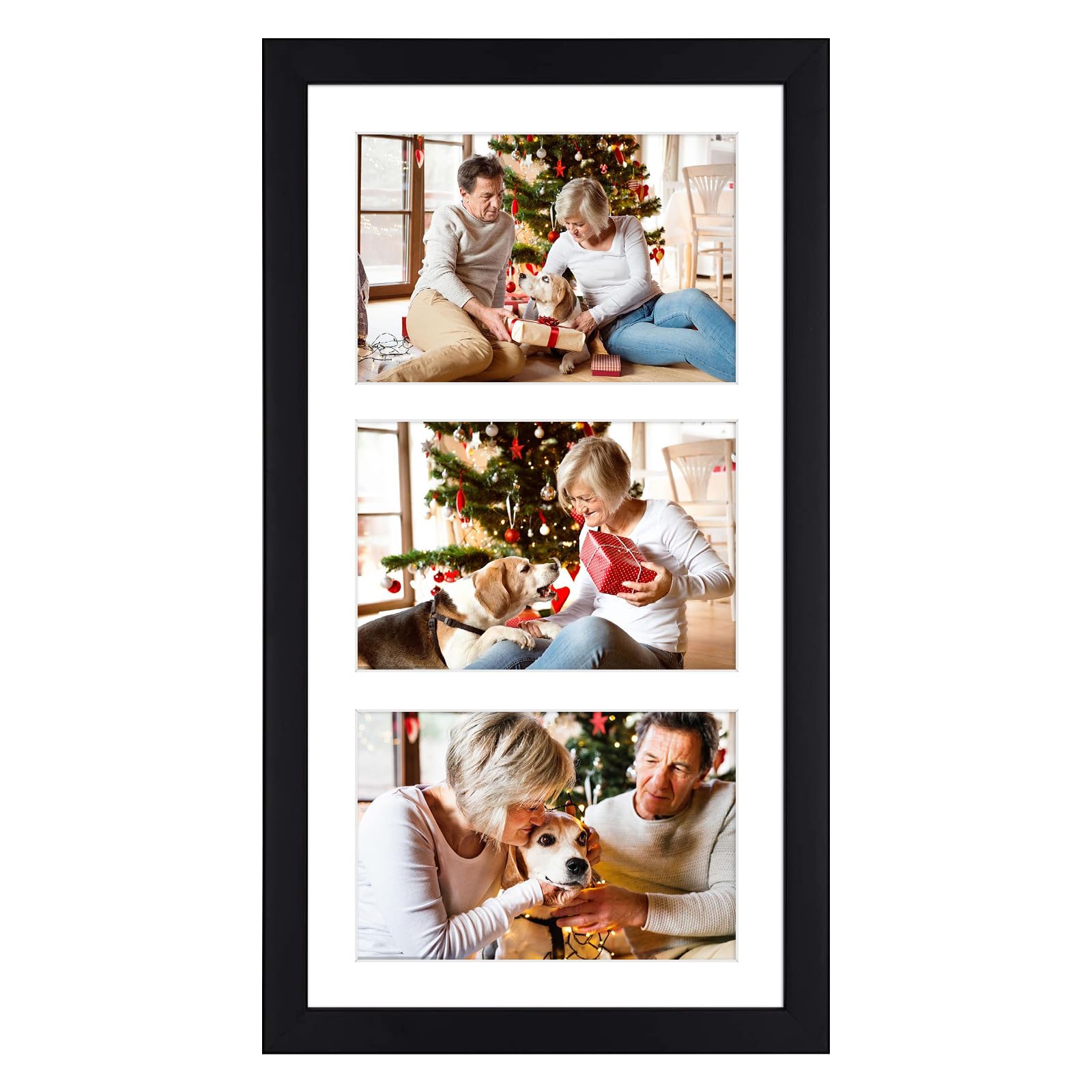 Golden State Art, 8.5x16.3 Black Wood Frame - White Mat for Three 5x7 Pictures - Sawtooth Hangers- Swivel Tabs - Wall Mounting -