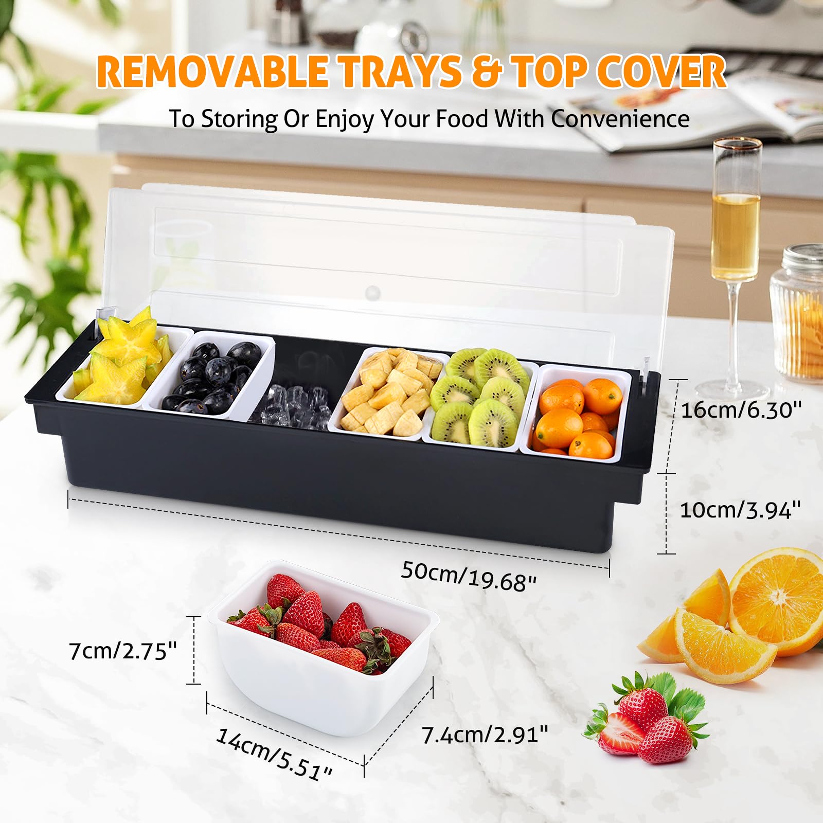 Wichemi Fruit, Veggie & Condiment Caddy With Lid Dispenser Tray Plastic Garnish Station For Bartending & Serving Taco, Ice Cream
