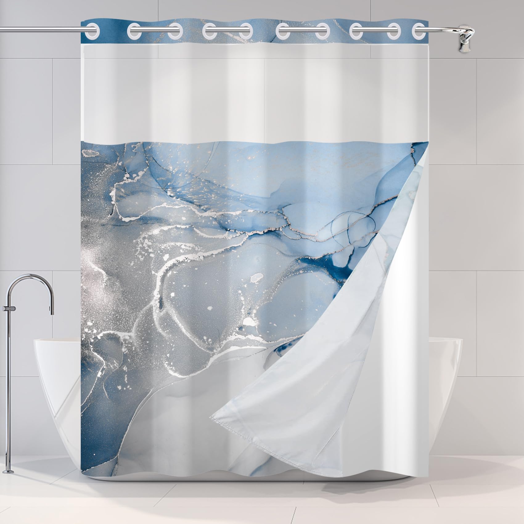 Awert No Hook Shower Curtain With Snap In Liner Blue Marble Shower Curtain And Liner Set Double Layers Waterproof Fabric And See