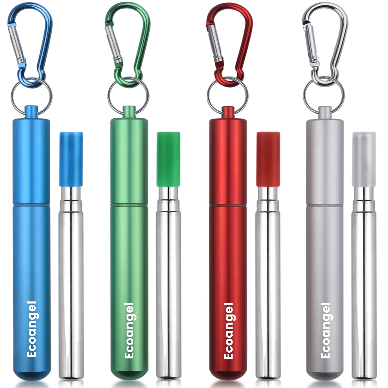 4-Pack Collapsible Stainless Steel Drinking Straws With Aluminum Case, Cleaning Brush, And Keychains - Silver, Blue, Red, Green