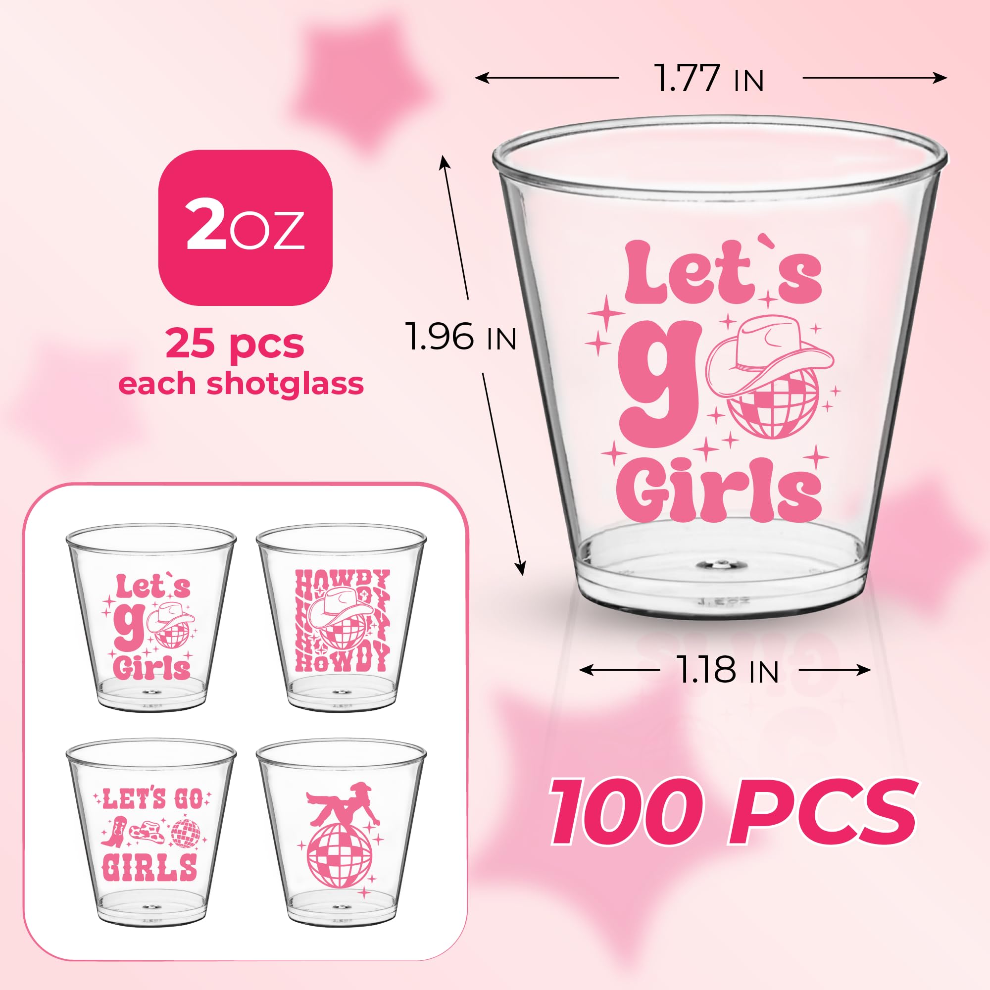 100 Pcs Disco Cowgirl Bachelorette Shot Glasses - 2 Oz Disposable Shot Glasses For Disco Cowgirl Party Decorations - Clear Plast