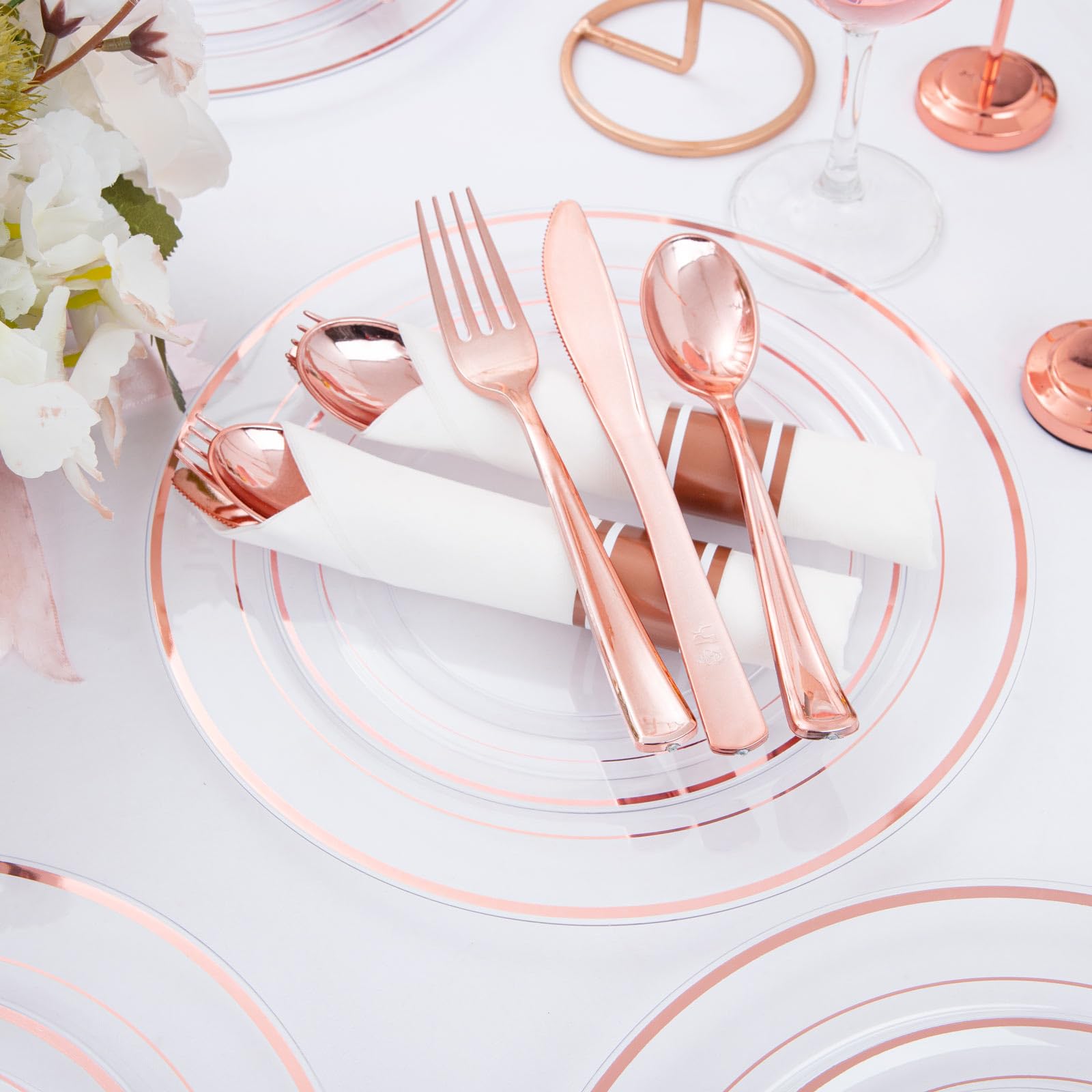 210 Pcs Rose Gold Plastic Plates With Silverware, Valentine Plates Includes: 30 Dinner Plates 10.25'' 30 Dessert Plates 7.5'' 30
