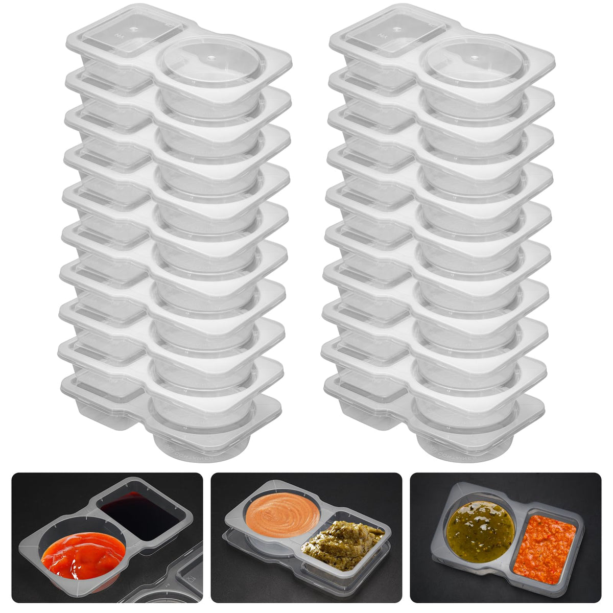 Uvhjw 20 Sets Reusable Snack Container, Condiment Containers With Lid, 2 Compartments Dipping Container For Refrige, Portion Con