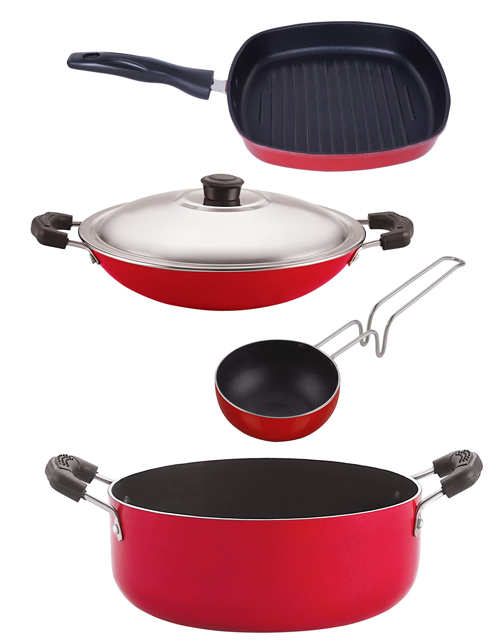 Nirlon NonStick Aluminium Cookware Set, 4Pieces, Red & Black (Ac_Vg_Gp22.5_Cs24)