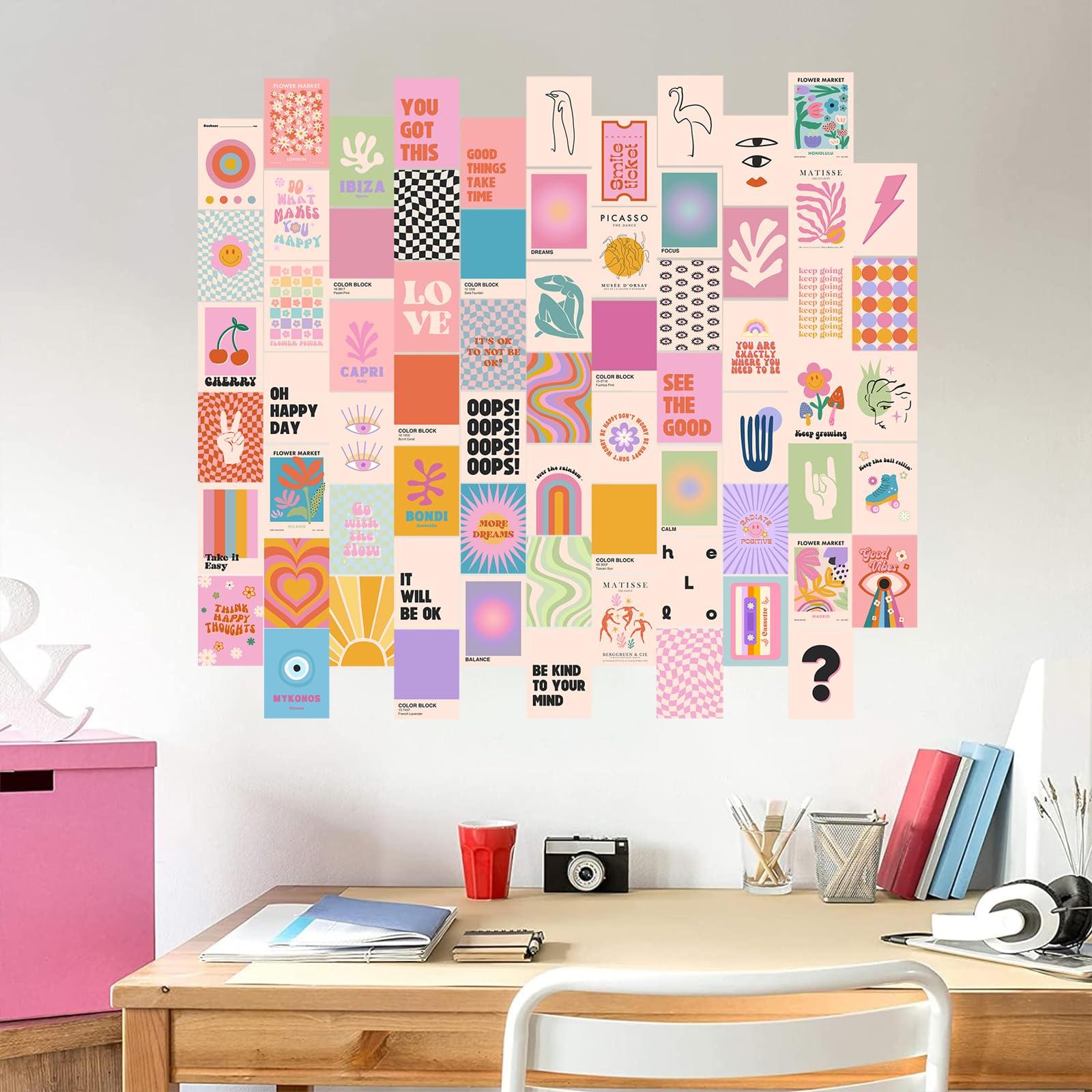 Preppy Room Decor, 70Pcs Preppy Wall Collage Kit Aesthetic Pictures, Cute Preppy Wall Decor, Trendy Pink Photo Collage Kit 4''X6