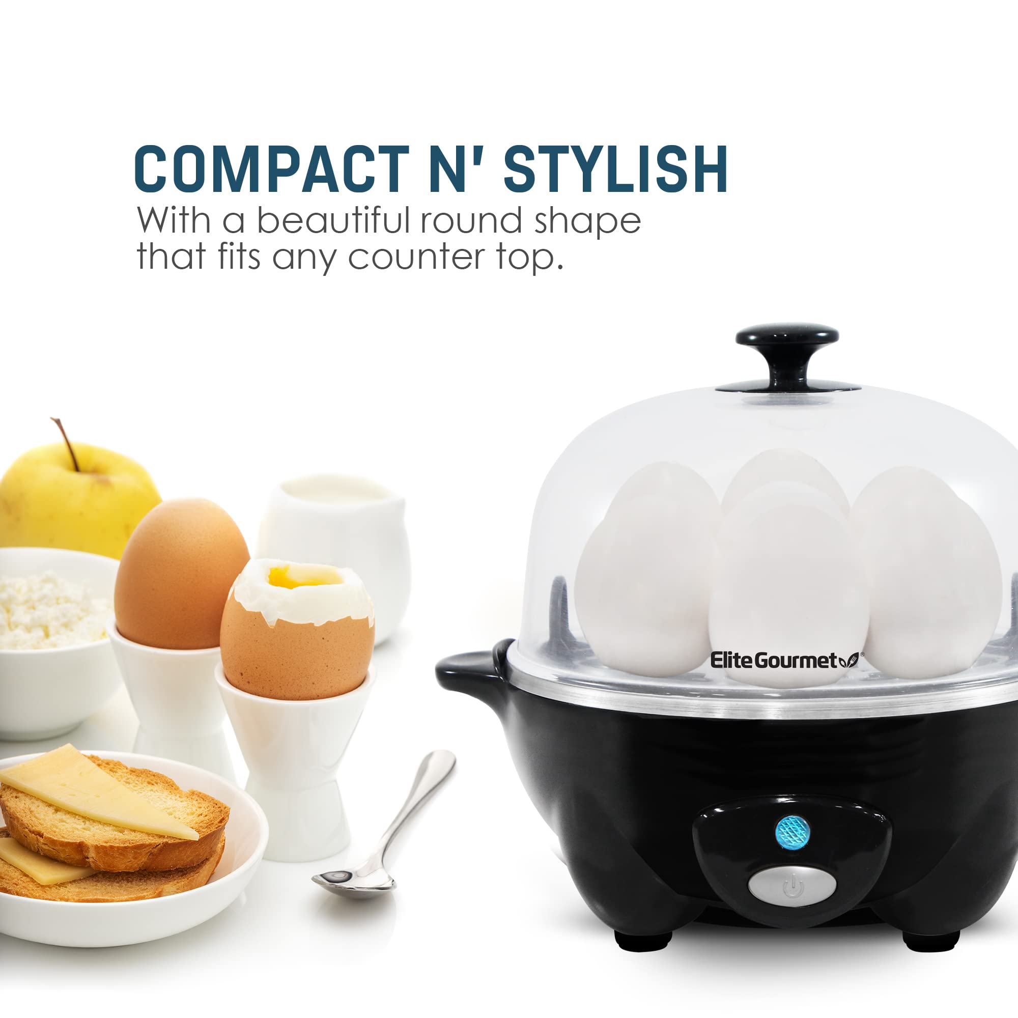 Elite Gourmet Rapid Egg Cooker, 7 Egg Capacity, Stainless Steel, Black, EGC-007B# - Hard, Medium, Soft Boiled, Poacher, Omelet Maker