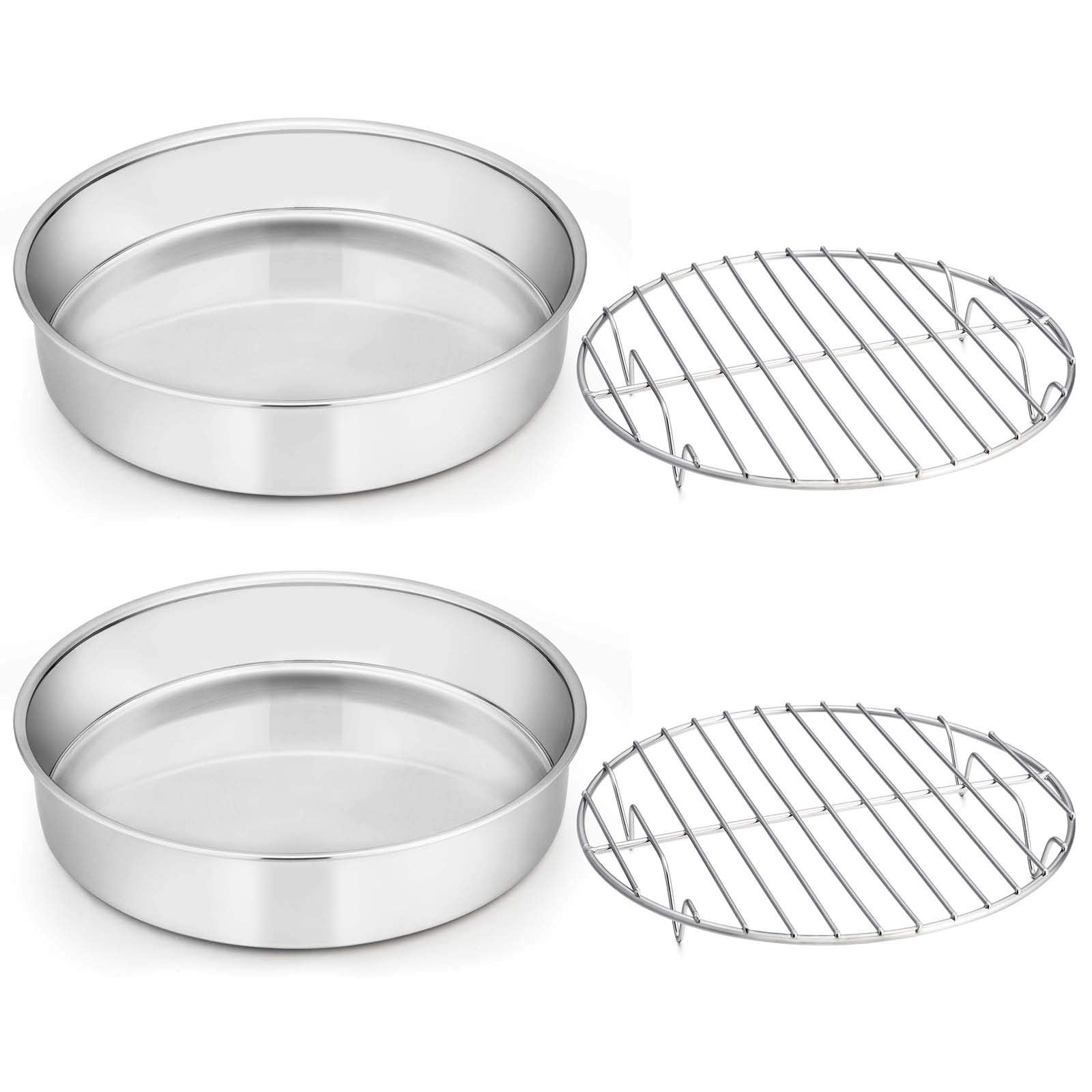 E-Far 8-Inch Round Cake Pan With Rack Set, Stainless Steel Cake Pans Tins And Baking Cooling Racks, Non Toxic & Healthy, Mirror