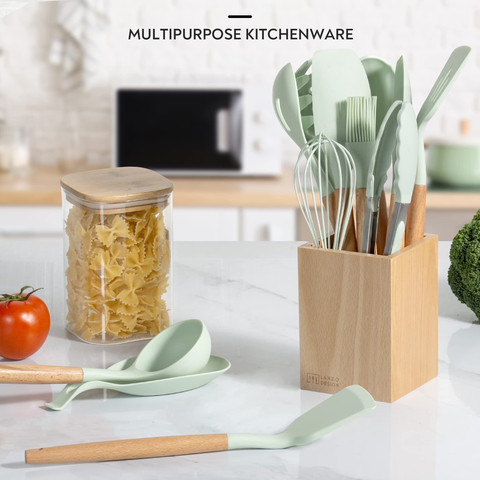 Lanzo Design Kitchen Utensil Set, 13 Pcs Non-Stick Silicone Cooking Utensils Spatula Set With Wooden Holder (Mint)