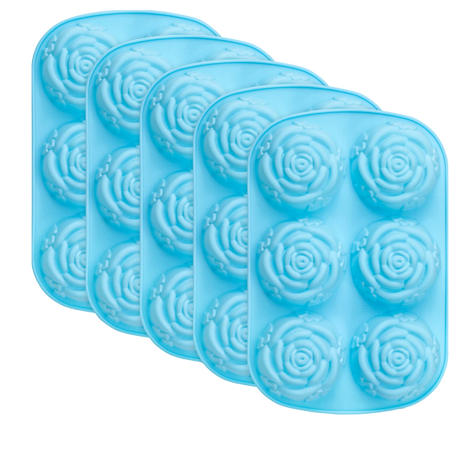 Silicone Rose Molds 5 Packs, 6-Cavity Non Stick Rose Flower Ice Cube Mold For Candy, Soap, Cupcake, Jelly, Chocolate, Blue