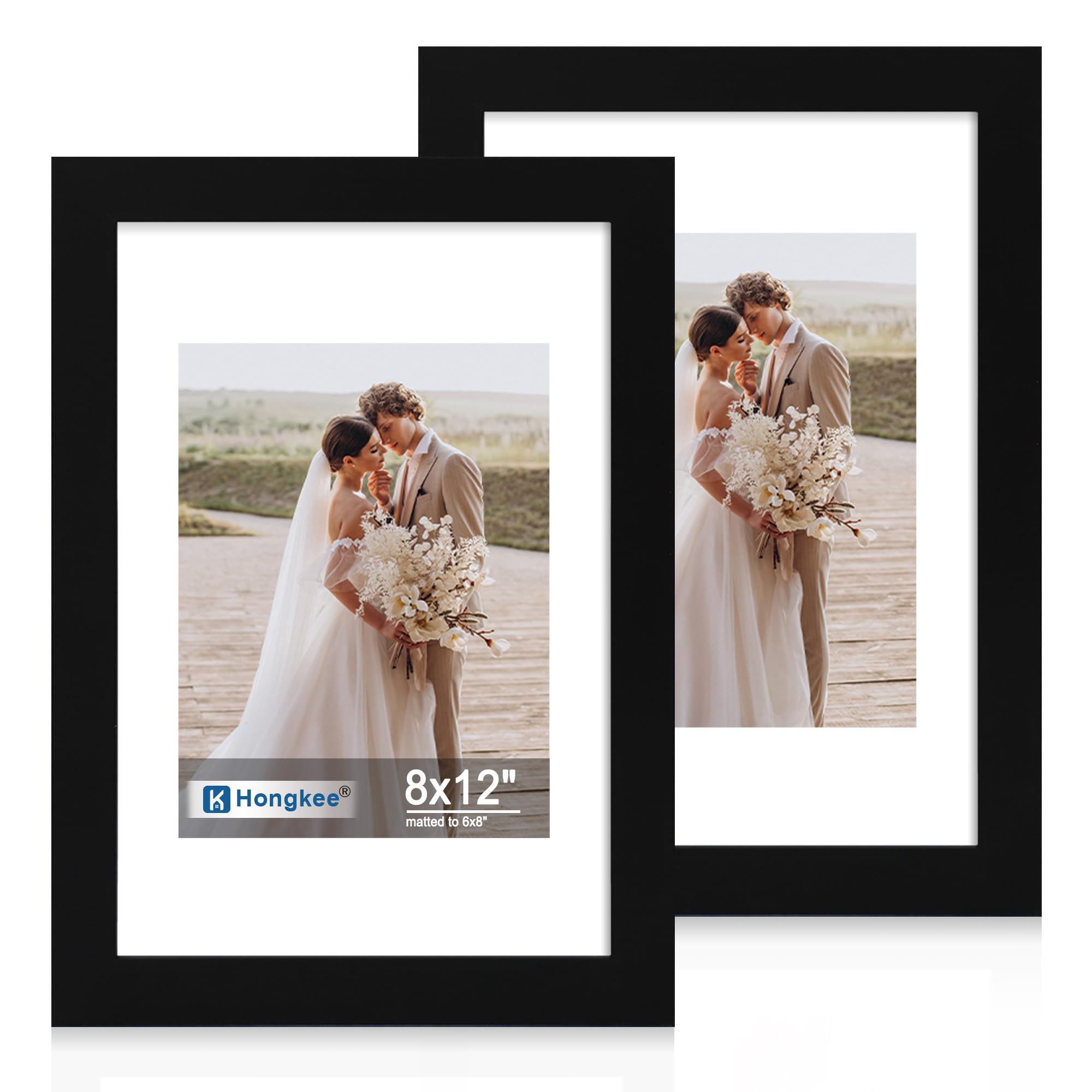 Hongkee 8x12 Picture Frame Set of 2, Made of Real Glass and Black Wooden Frame - Display Pictures 6x8 with Mat or 8x12 Without M