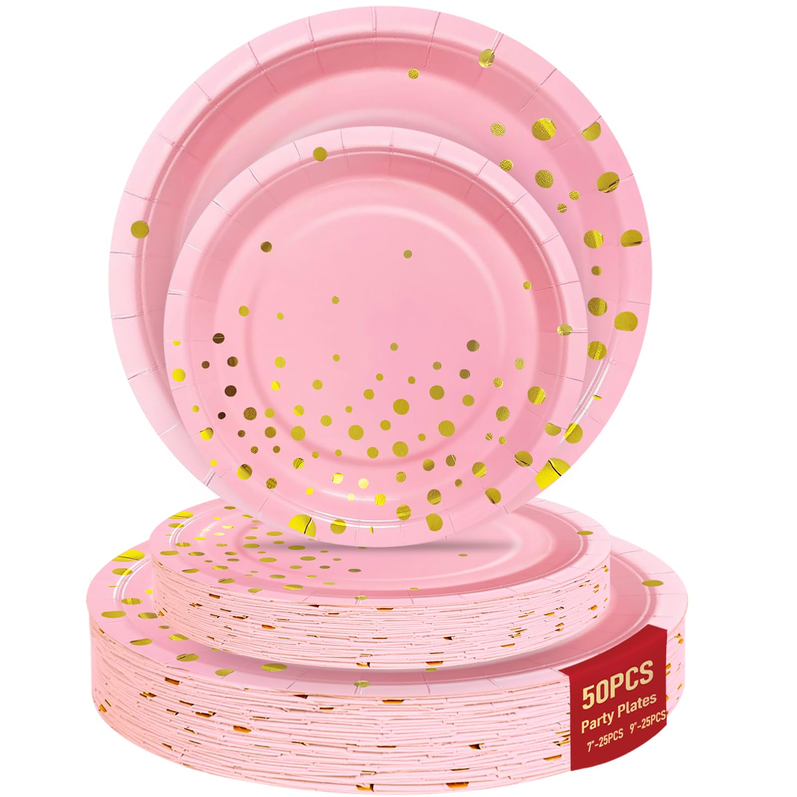 50 Pink Gold Paper Plates for Party Set Includes 25-9 & 25-7 Thickened Gold Dot Disposable Plates, Birthday Cake Dessert Plates 
