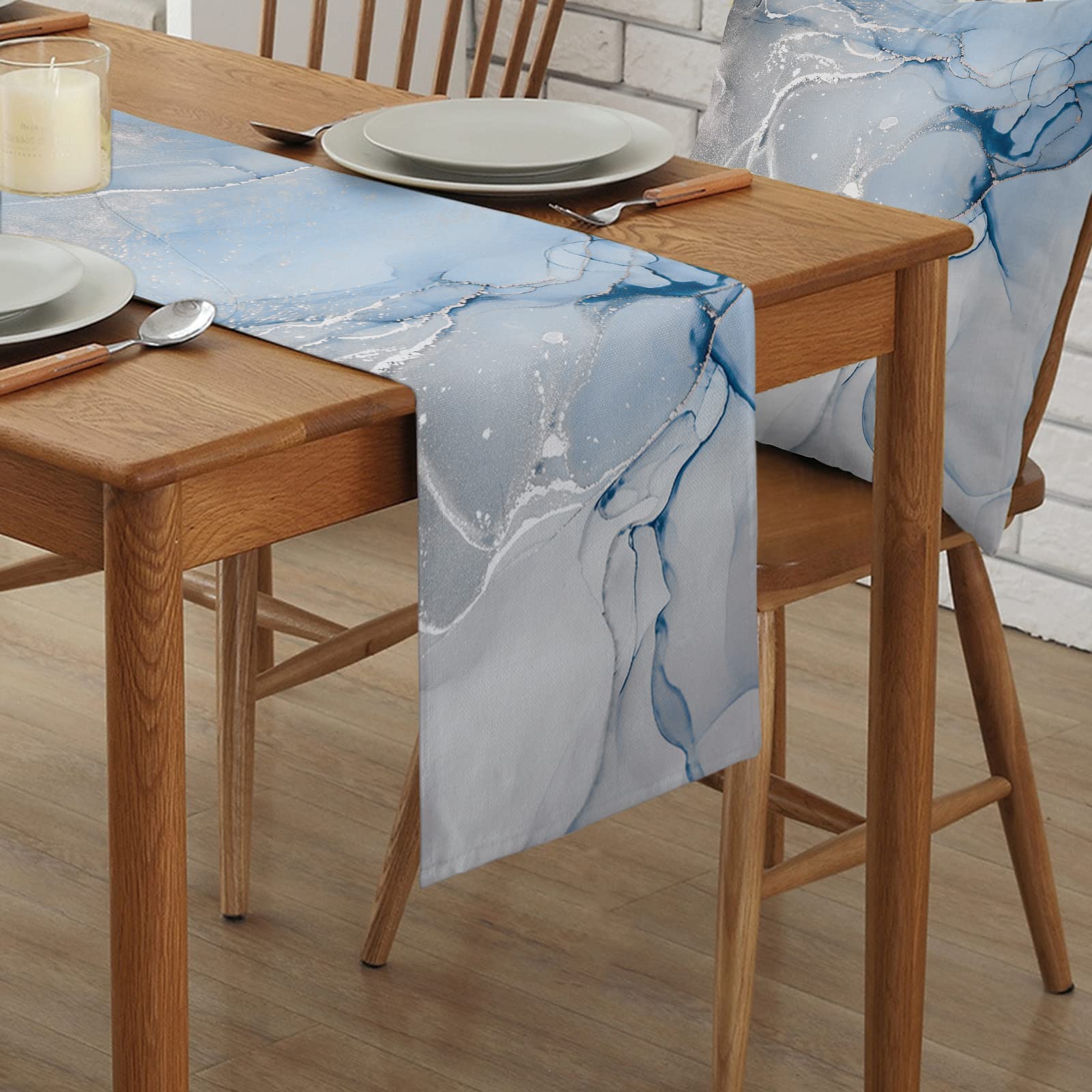 Zoe Garden Marble Table Runner 72 Inches Long - Ombre Blue Marble Grey Farmhouse Modern Kitchen Dining Burlap & Cotton Tablerunn