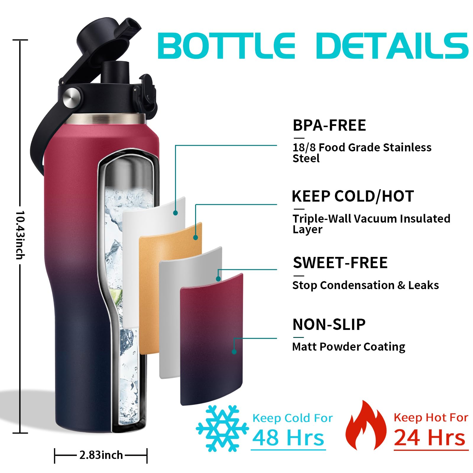 Stainless Steel Tumblers With Straw 32 Oz- Vacuum Insulated Water Bottle Flask For Car Office Gym, Cold-48H & Hot-24H, Water Fla