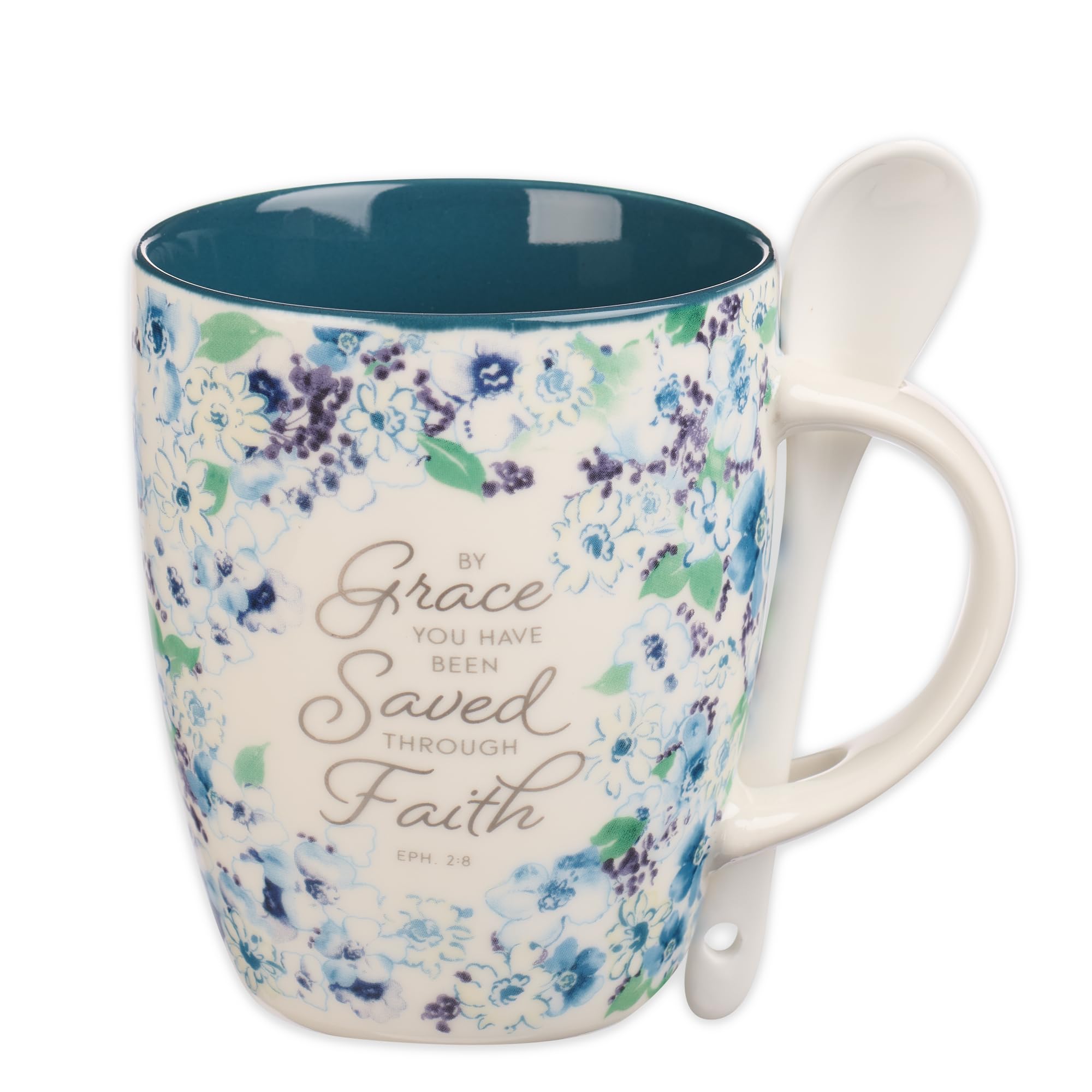 Christian Art Gifts Coffee and Tea Mug with Ceramic Spoon Set for Women: By Grace You Have Been Saved - Ephesians 2:8 Encouragin