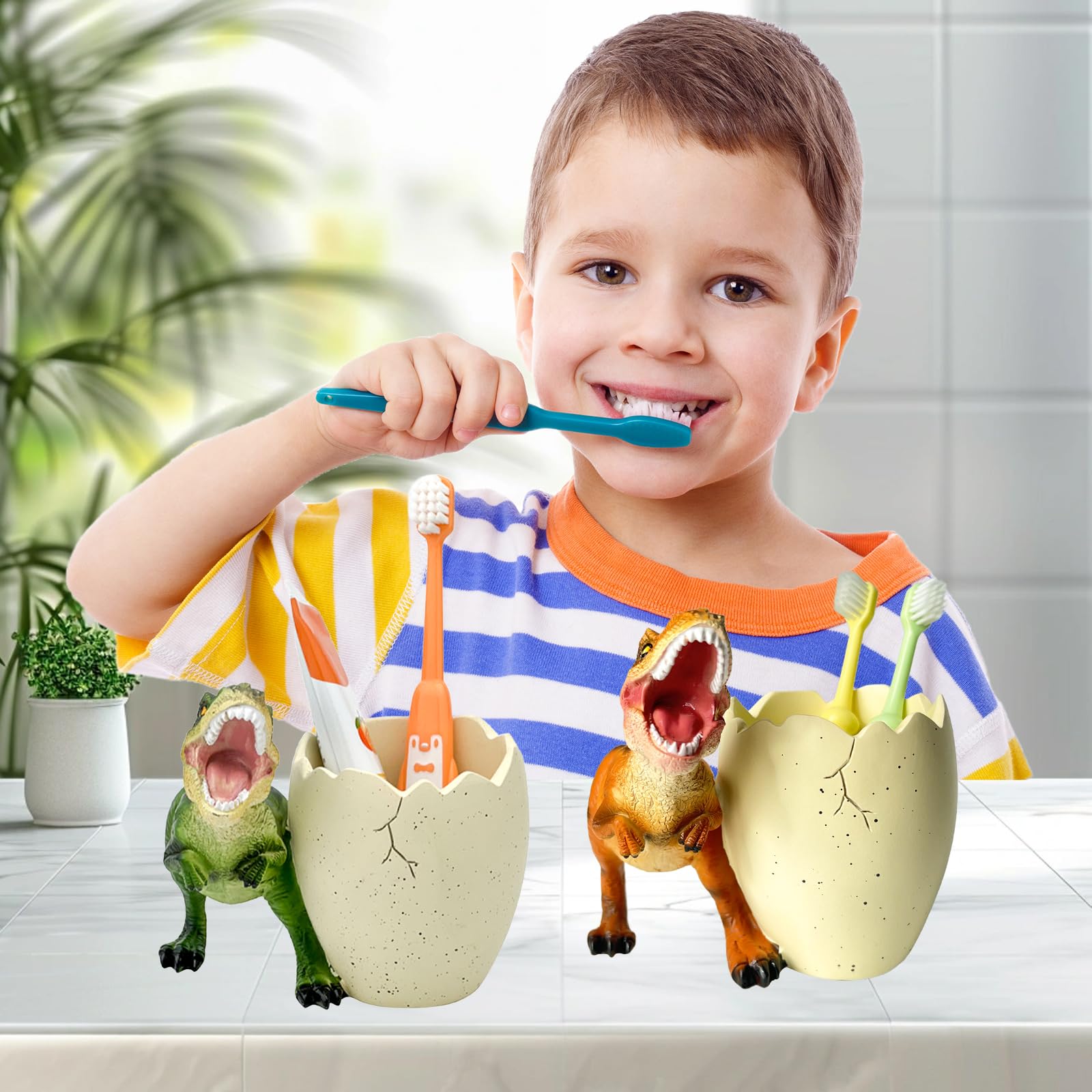 FlidRunest 2 PCS Dinosaur Kids Toothbrush Holders for Bathrooms - Cute Dino Toothbrush Holder - Easy to Clean Toothbrush and Too