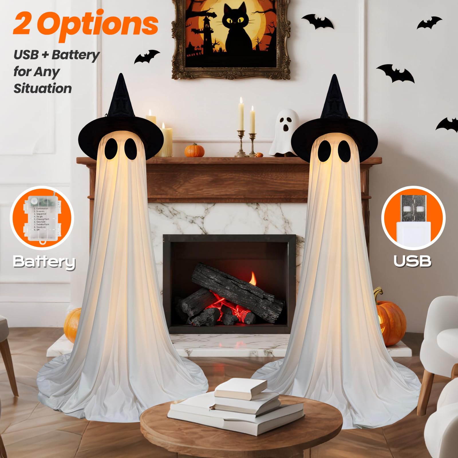 2 Packs Halloween Decorations Outdoor, 5Ft Wind-Resistant Ghost Decor with USB String Lights, Scary Door Decoration Outside Euip
