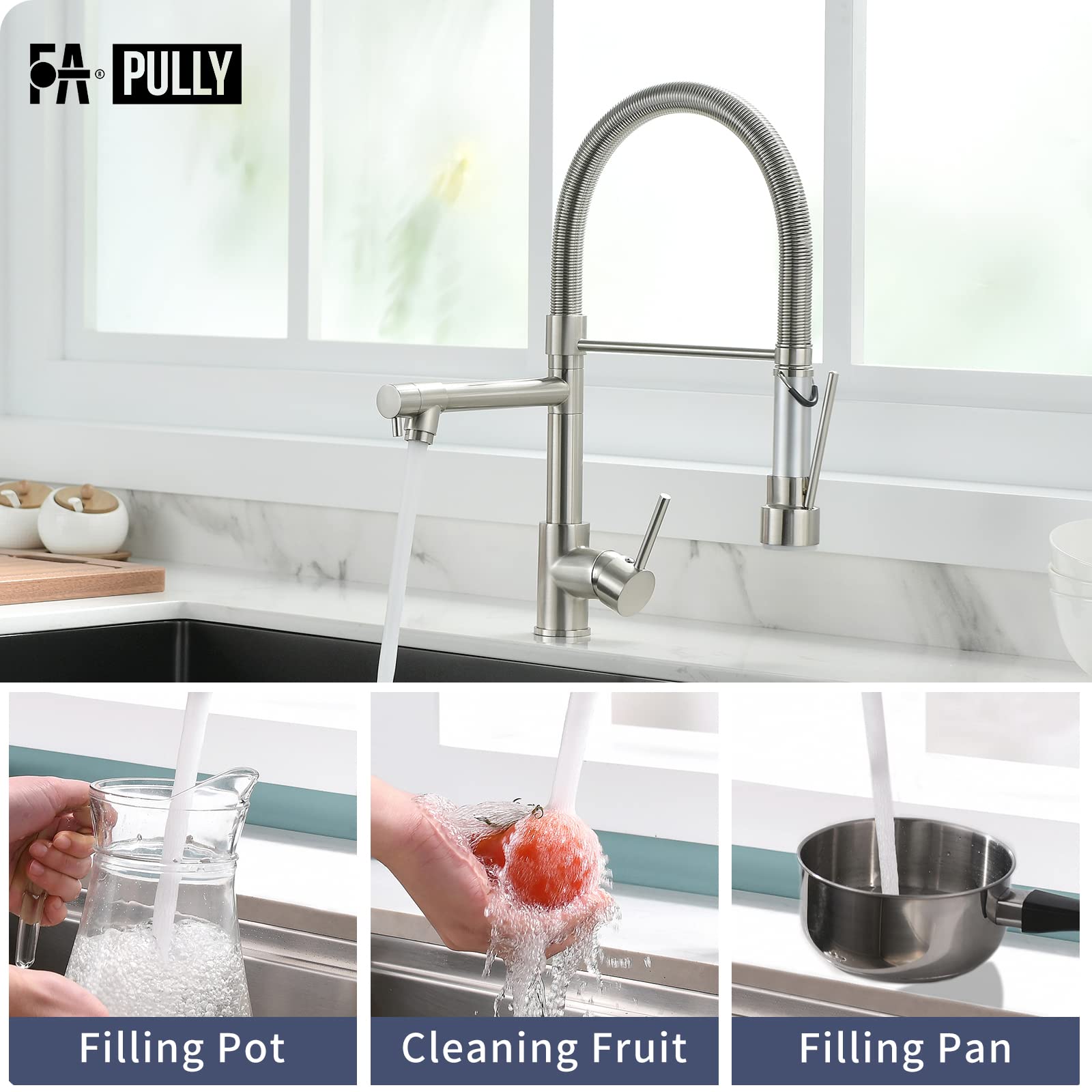 Fapully Pull Down Kitchen Faucet with Lock Sprayer Single Handle Spring Stainless Steel Kitchen Sink Faucet Brushed Nickel