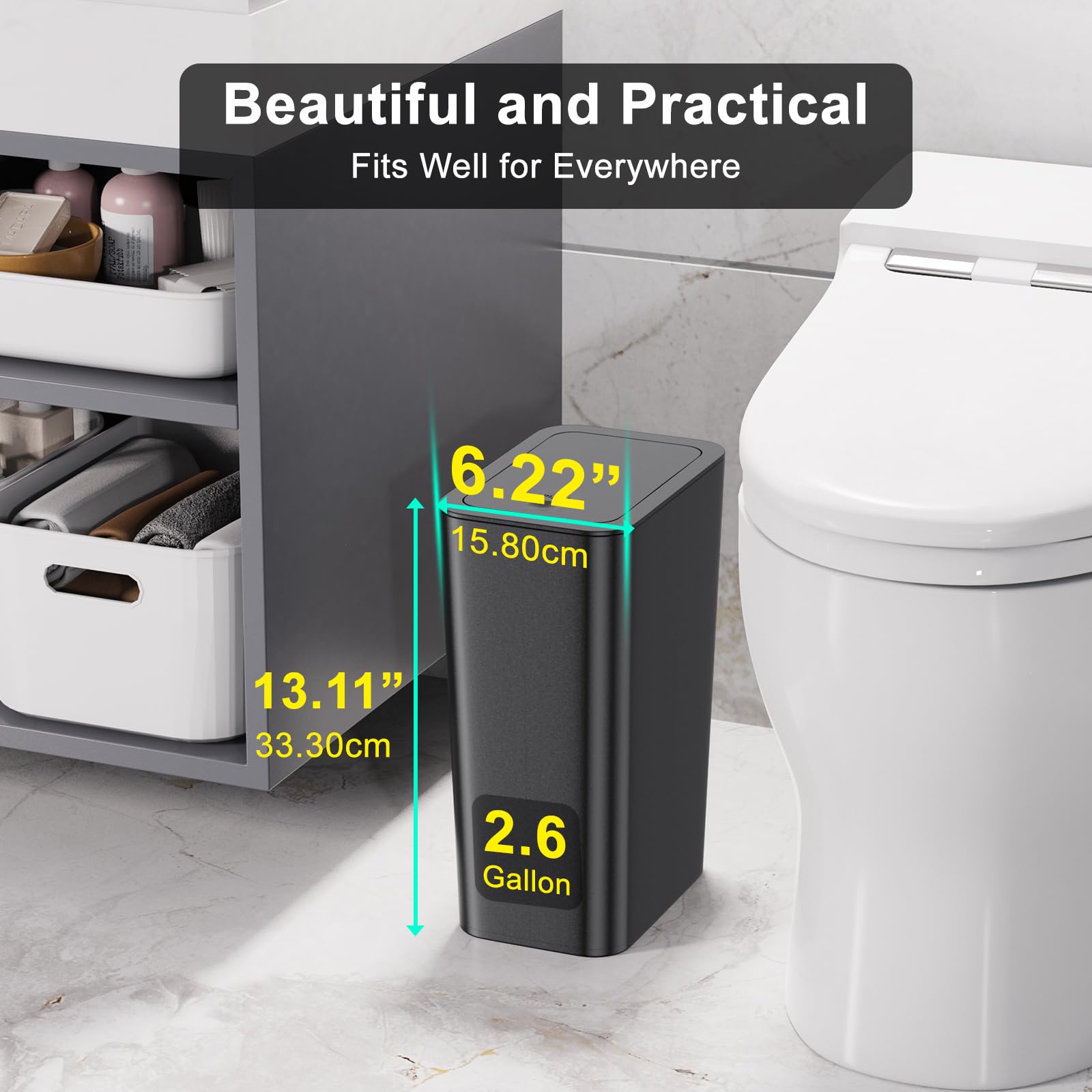 N. Netdot 3 Pack 10L/2.6 Gal Bathroom Trash Can With Lid, Bathroom Trash Bin With Press Lid, Small Trash Can/Slim Garbage Cans/W