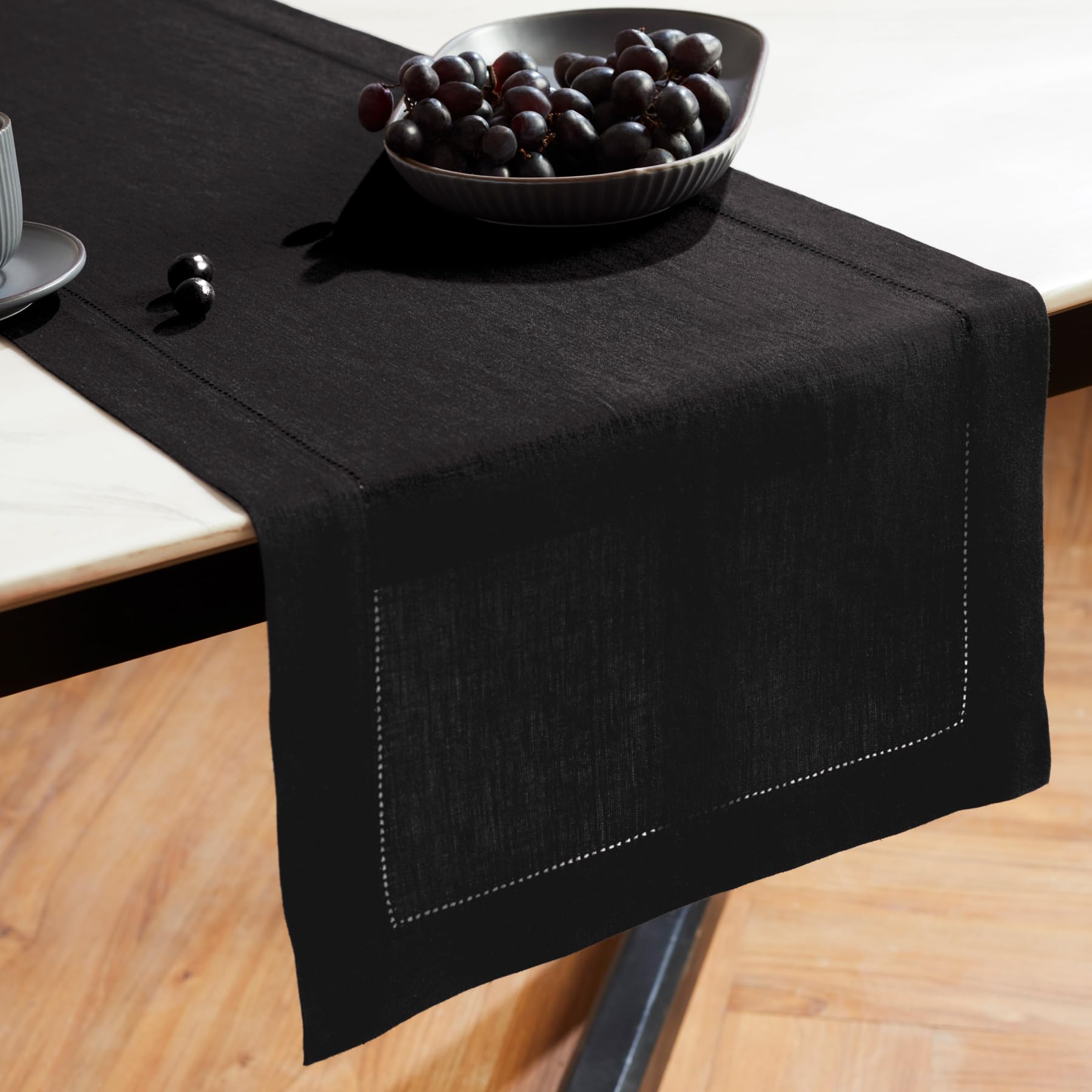 Solino Home Linen Black Table Runner 36 Inch - 100% Pure Linen Hemstitch Short Table Runner 14 X 36 Inch Ideal For Dresser And C