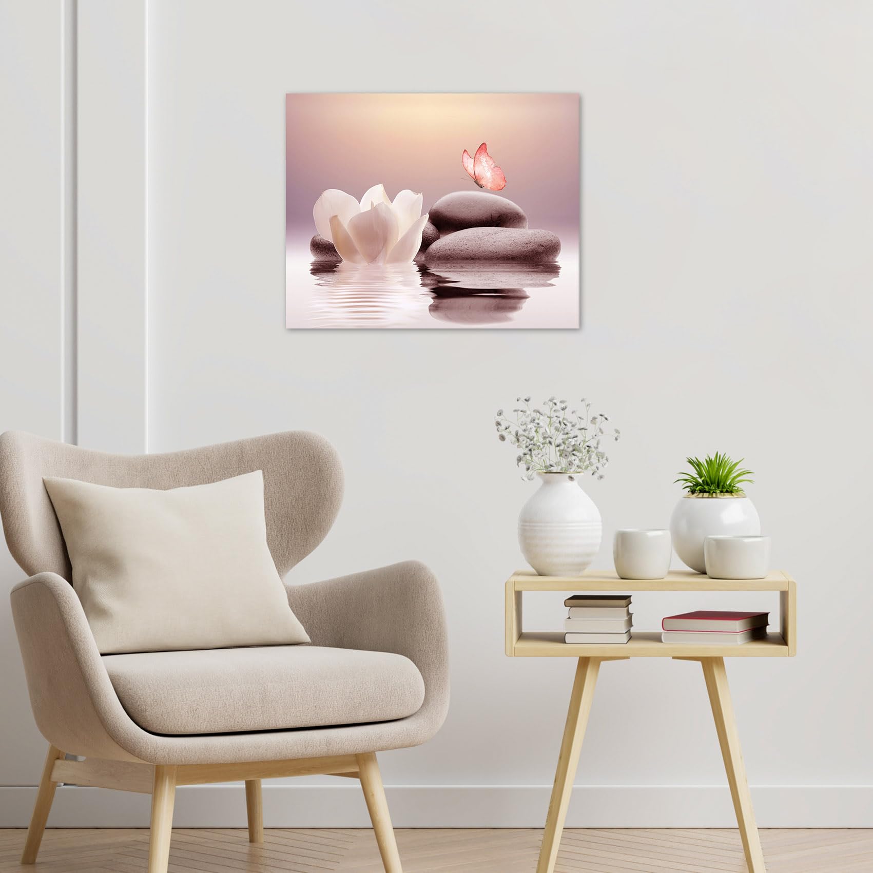 Eobtain Zen White Flower Canvas Wall Art Floral And Pink Butterfly On Stone Modern Framed Picture Yoga Spa Spiritual Painting Ar