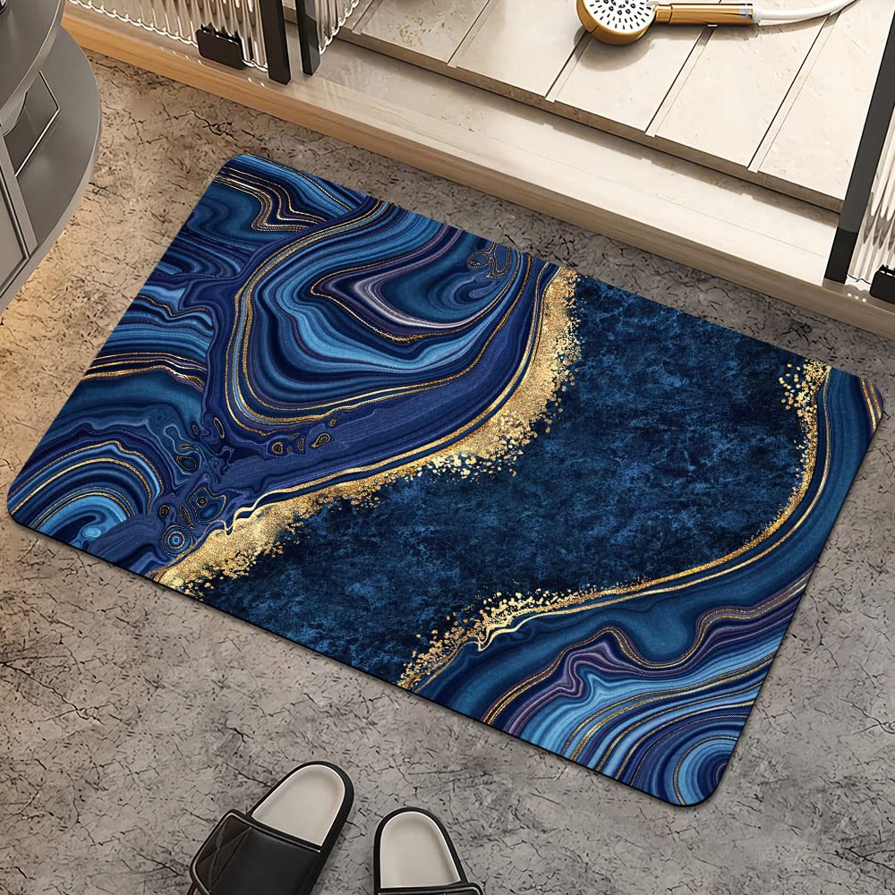 Zhuzhishan Bath Mat Rug,Dark Blue Gold Marblenon Slip Quick Dry Super Absorbent Thin Bathroom Rugs Fit Under Door-Easy To Clean