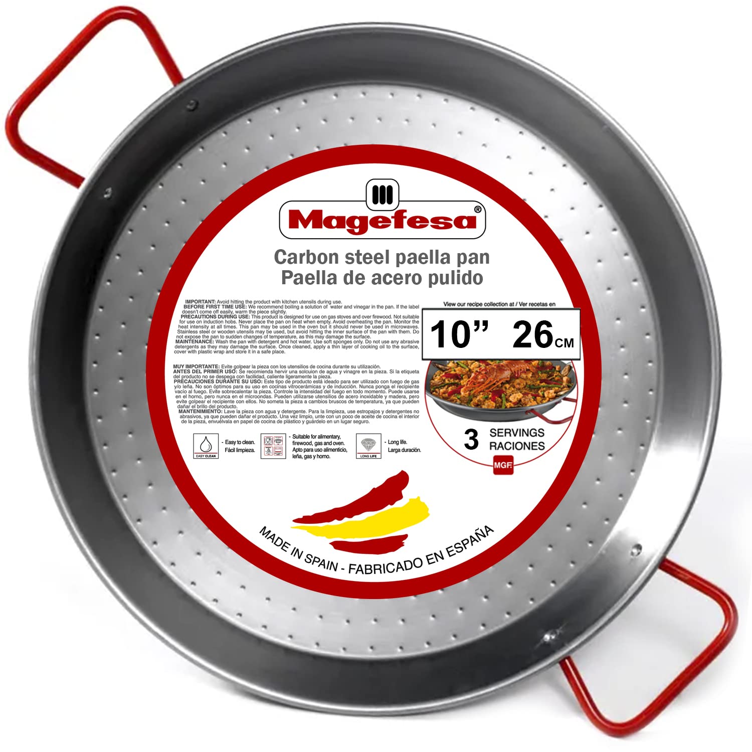 Magefesa Carbon - Paella Pan 10,5 In - 26 Cm And 2 Servings, Made In Carbon Steel, With Dimples For Greater Resistance And Light