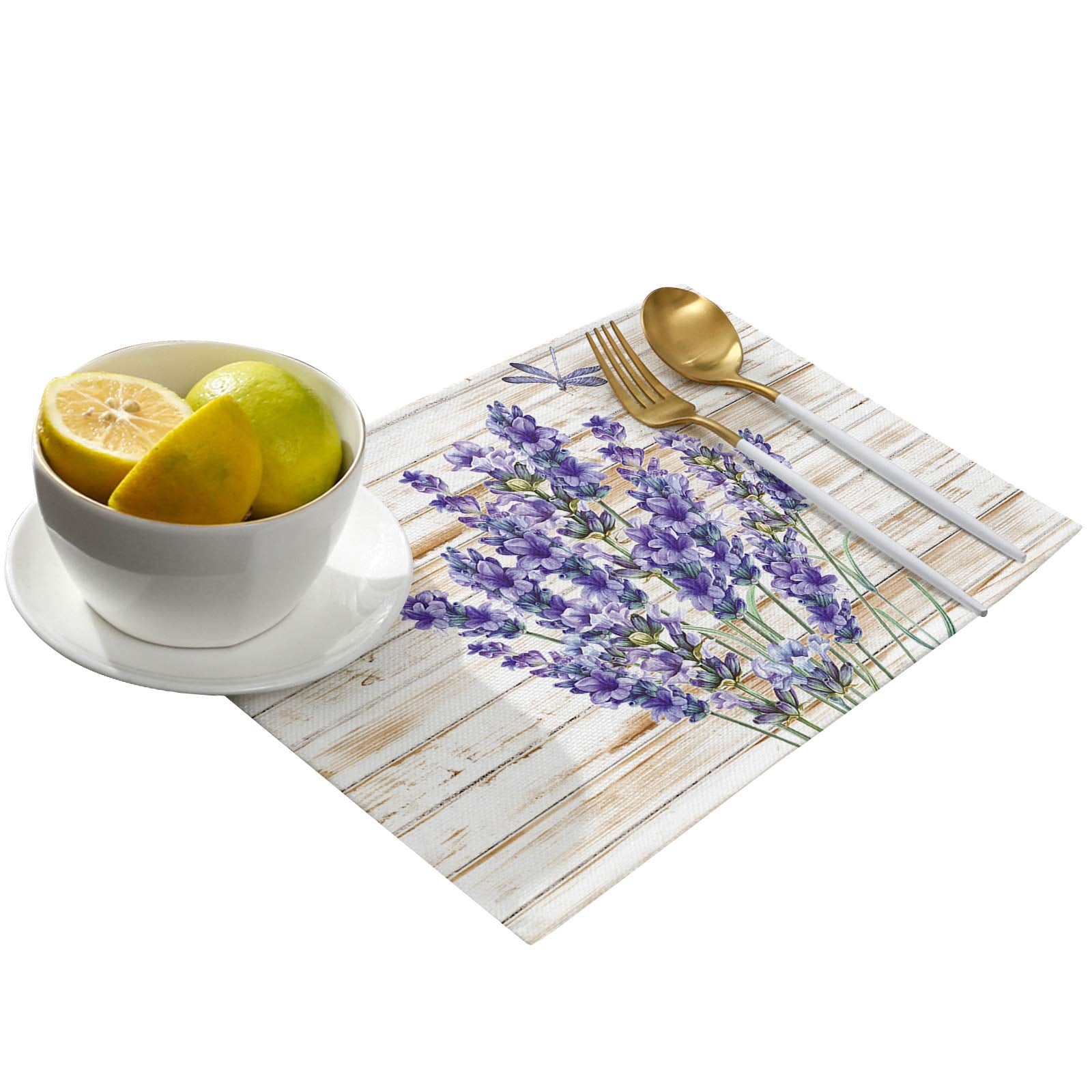 Purple Lavender Flower Floral Placemats Set Of 6 Non Slip Washable Table Mats Set, Dragonfly Rustic Wood Grain Table Placemats F