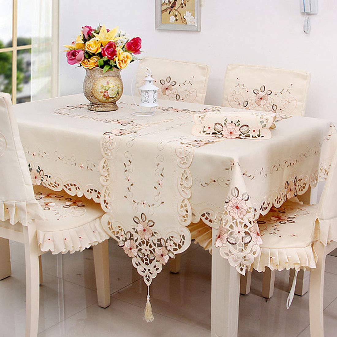 Lelehome 33 Inch X 33 Inch Flower Embroidered Lace Beige Square Tablecloth, Vintage Classic Floral Dining Table Cloth Wrinkle Fr