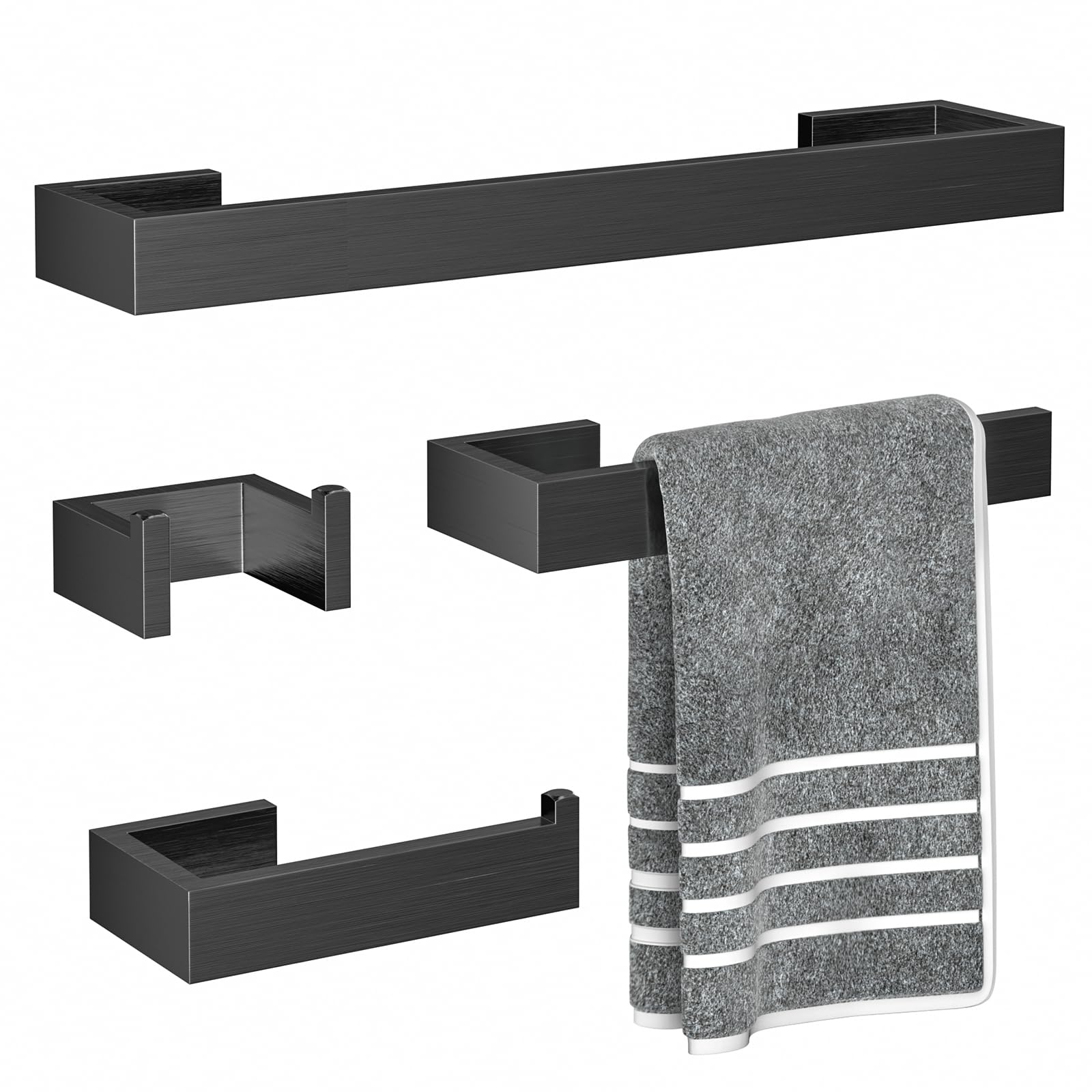 4 Pcs SUS304 Stainless Steel Bathroom Accessories Set, 24 Towel Bar, Towel Holder, Toilet Paper Holder, Robe Hook, Minimalist De