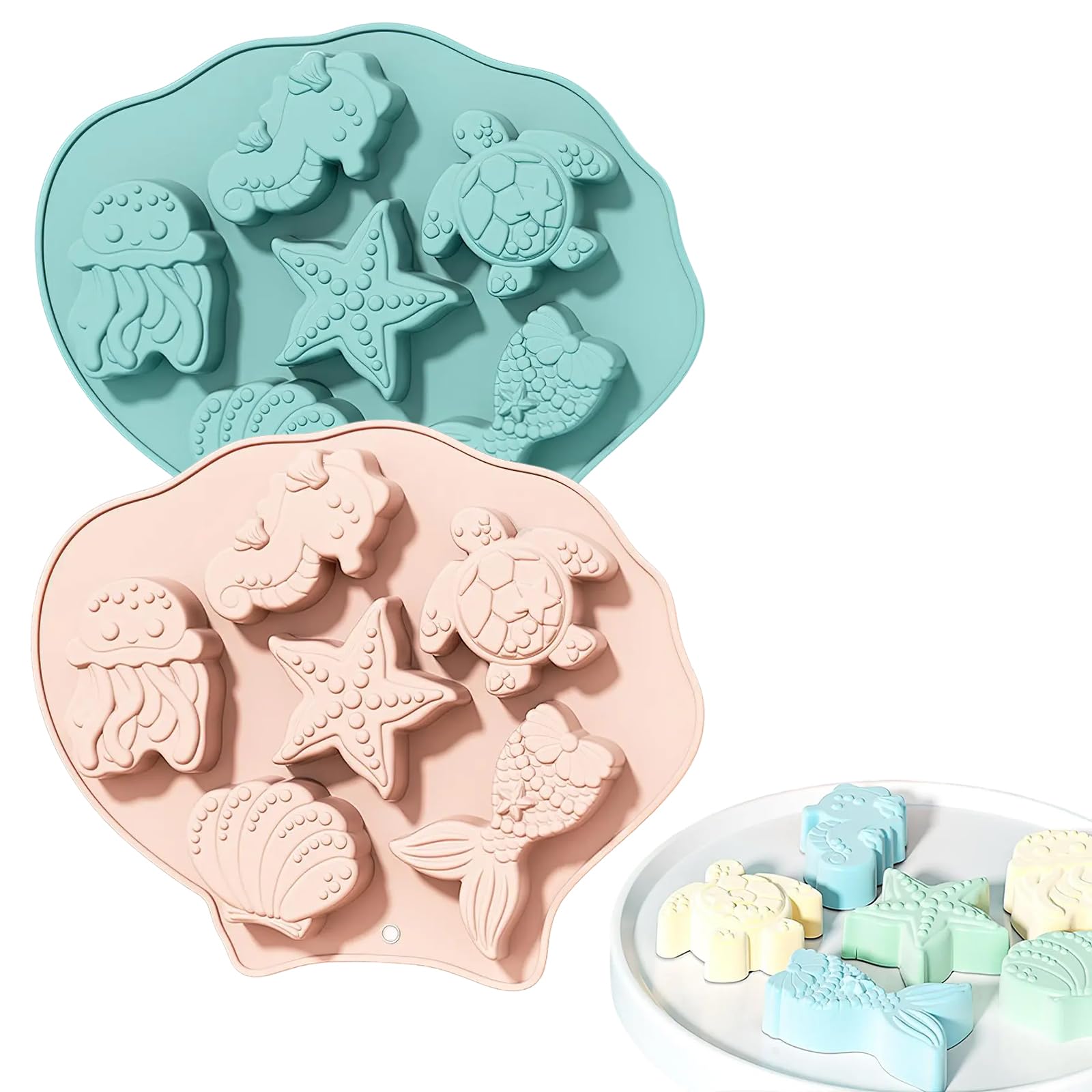 Marine Organism Theme Silicone Molds 2 Pcs Pink & Blue Mermaid Seashell Starfish Seahorses Turtles Jellyfish Food Grade Silicone