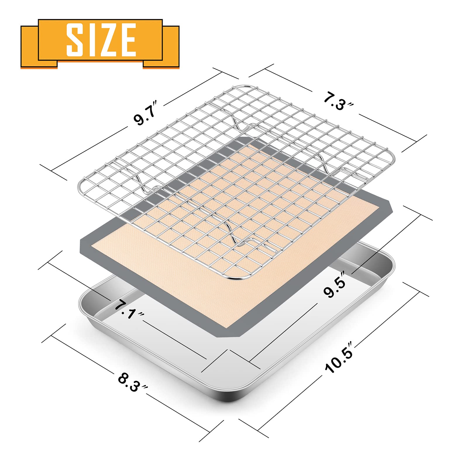 Toaster Oven Baking Sheet Set, E-Far 10.5   X8.3    Small Stainless Steel Cookie Sheet Pan With Wire Rack & Silicone Mat For Coo