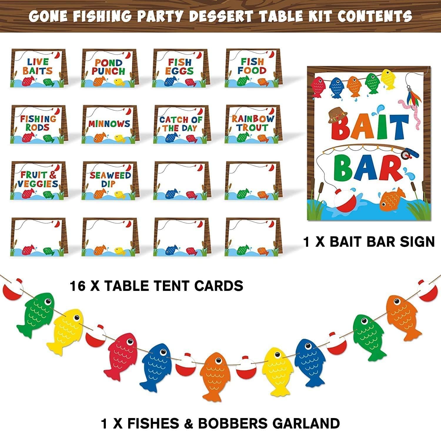 Yaaaaasss! Gone Fishing Bait Bar Bobber Dessert Food Buffet Decoration-Fishing Banner Food Labels The Big One Dessert Table Birt