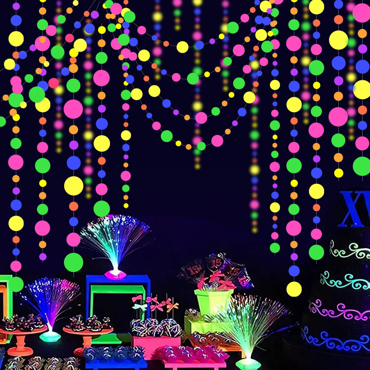 120Feet Round Dot Uv Neon Garland Hanging Paper Glow In The Dark Neon Glow Party Supplies And Decorations Glow In The Dark Black