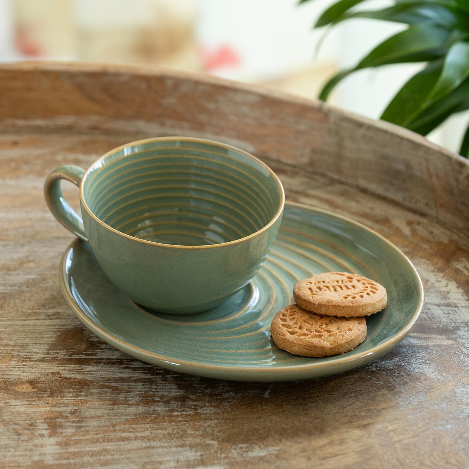 Exclusivelane Sage Serenity Hand Glazed Porcelain Tea Cups With Saucer Porcelain Coffee Cups Chai Tea Cup (280 Ml, Microwave S