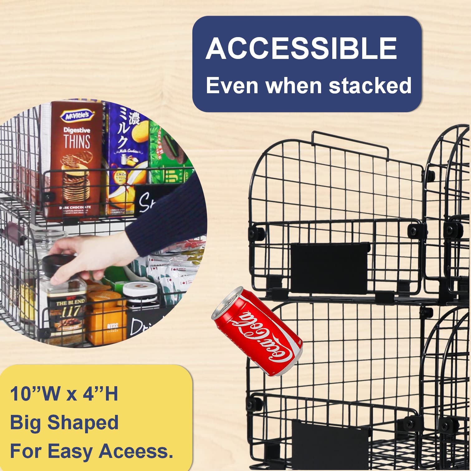 4 Pack Wire Stackable Baskets For Organizing,Fruit Basket For Kitchen,Pantry Organizers And Storage,12''X10.4''X7.8'' Metal Bask