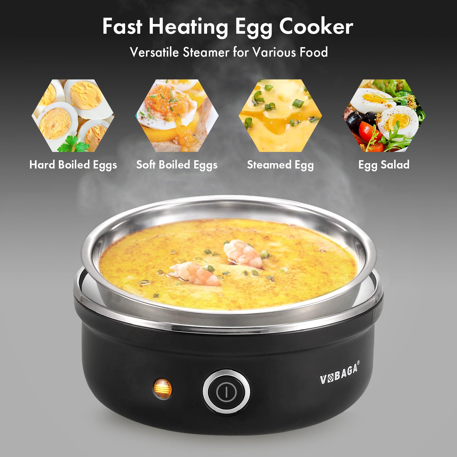 VOBAGA Electric Egg Cooker  Rapid Egg Boiler with Auto Shut Off for Soft  Medium  Hard Boiled  Poached  Steamed Eggs  Vegetables and Dumplings  Stainless Steel Tray with 7-Egg Capacity (Black)
