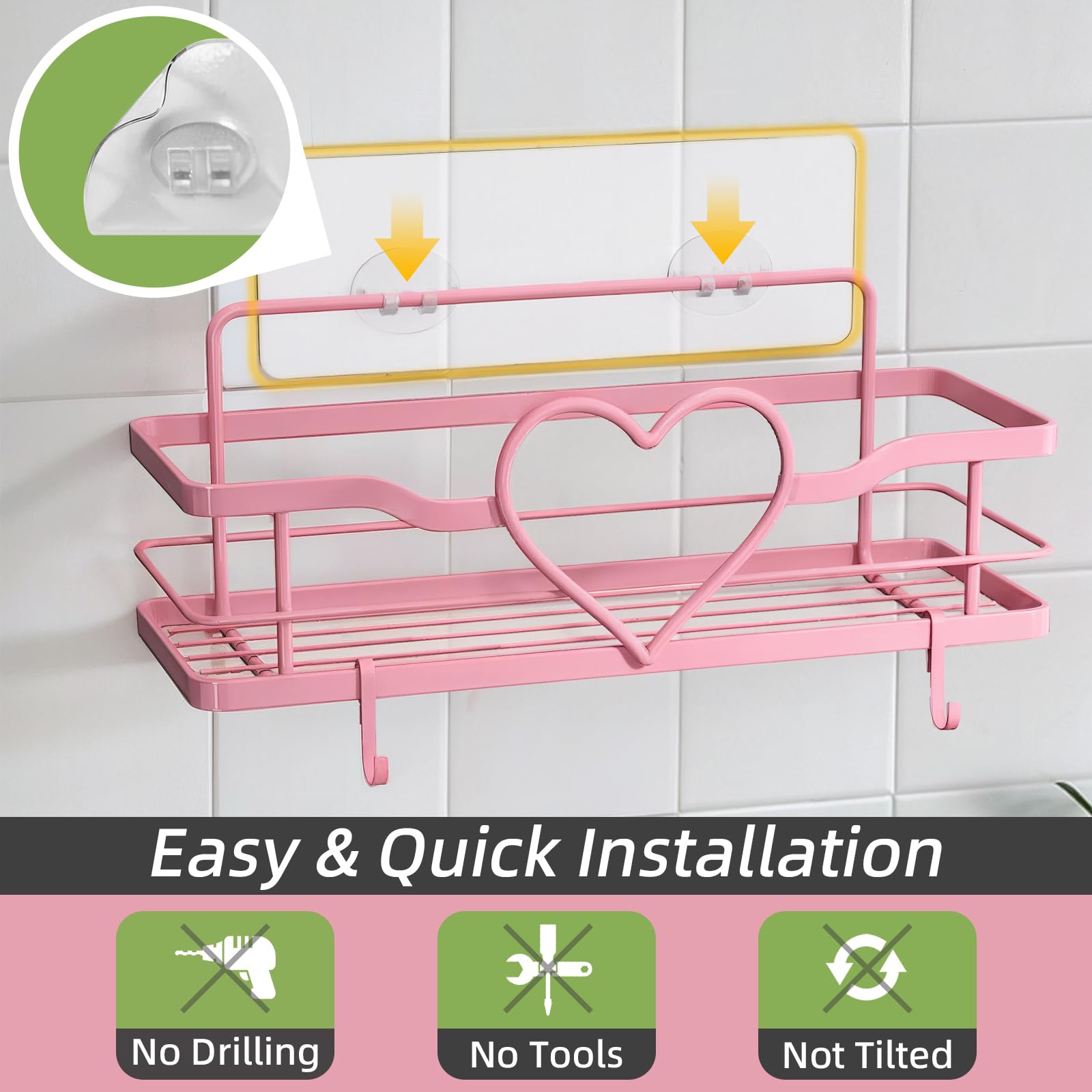 Flcity Pink Shower Caddy With 4 Removable Hooks, 2 Pack Sweet Heart Shower Shelves,No Drilling Adhesive Organizer Shelf For Bath