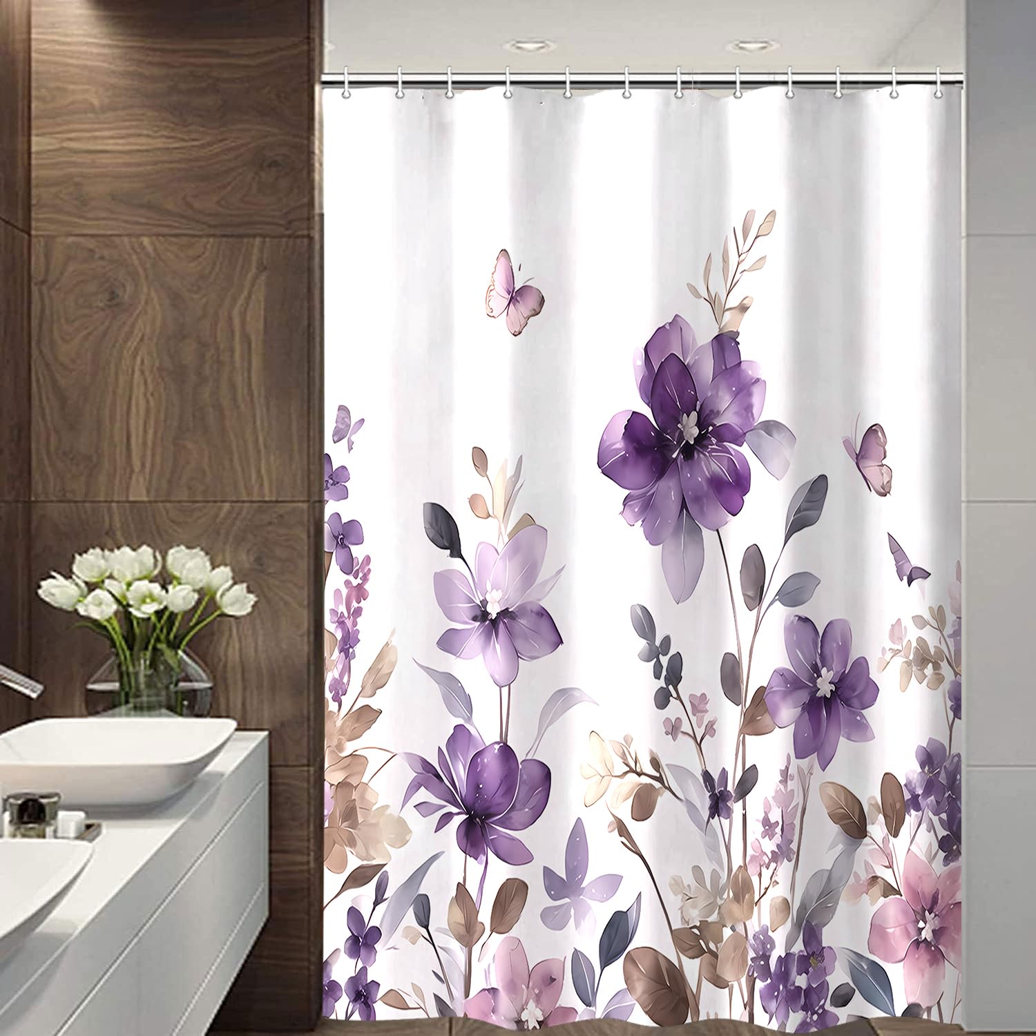 Purple Floral Shower Curtain, Farm Watercolor Flower Leaves And Butterfly On Country Wooden Shower Curtain For Bathroom, Rustic