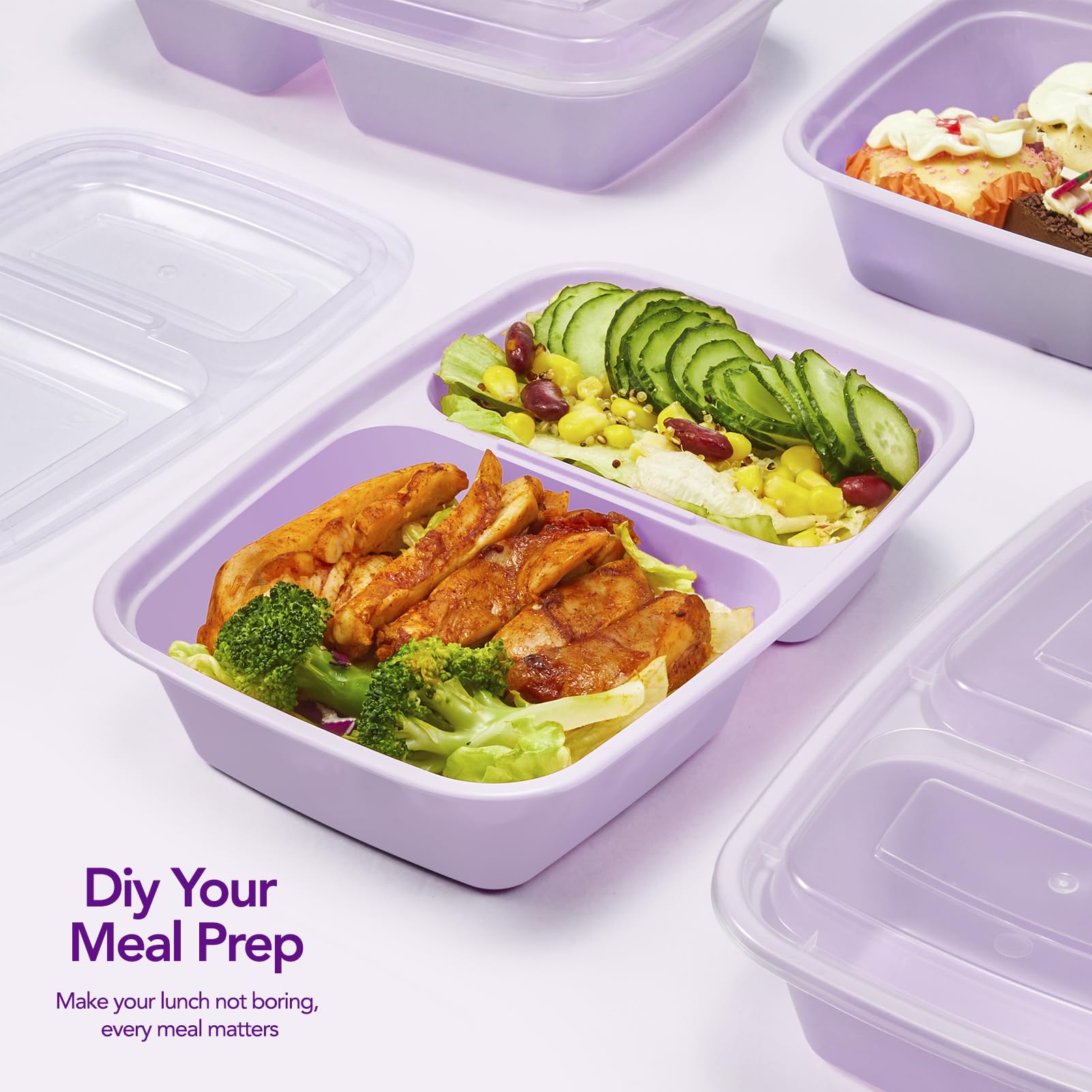 Glotoch 50 Pack Purple Meal Prep Containers Reusable 2 Compartments, Glotoch 32Oz To Go Containers For Food, Disposable Plastic