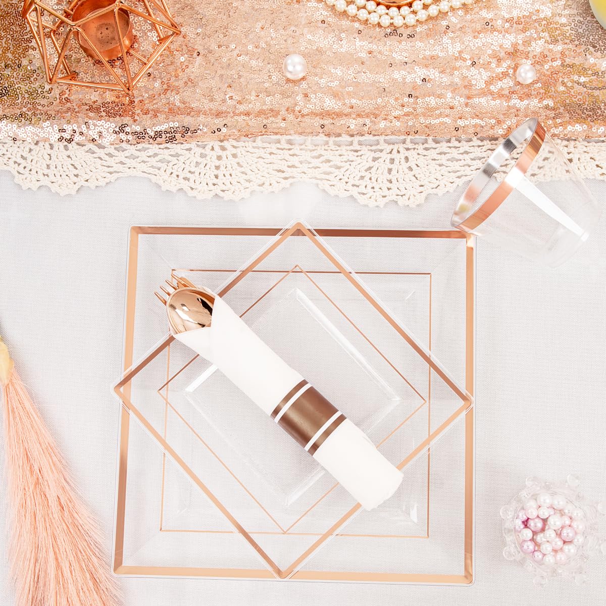 Dayammi 175 Pcs Rose Gold Plastic Plates, Rose Gold Plastic Dinnerware Sets Includes: 25 Dinner Plates, 25 Salad Plates, 25 Pre