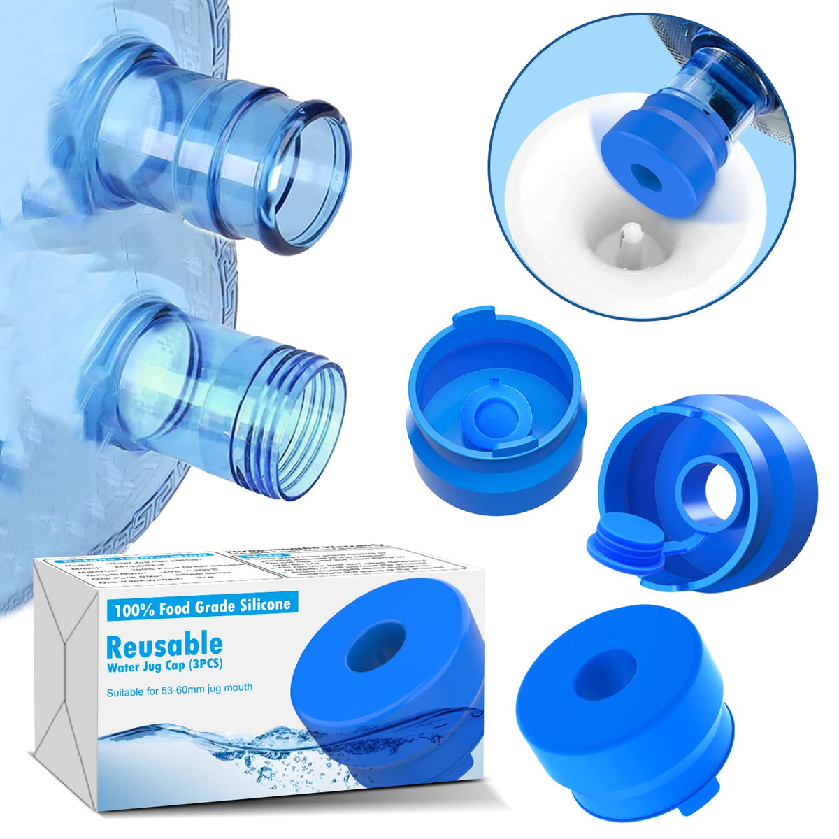 Mylolf 12Pcs 3 & 5 Gallon Water Jug Cap, Reusable Food Grade Silicone Replacement Cap For 55Mm Standard/Screw/Crown Tops Water B