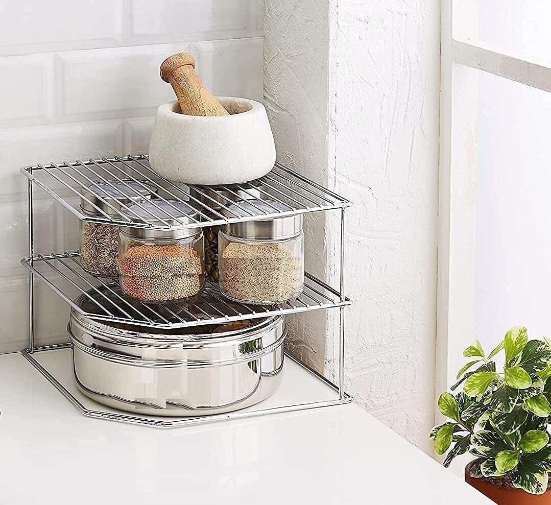 Techsrmaji Steel 3-Tier Kitchen Rack, Corner Rack For Kitchen, Storage Rack, Dish Rack, Chakla Belan Rack And Organizer, Counter