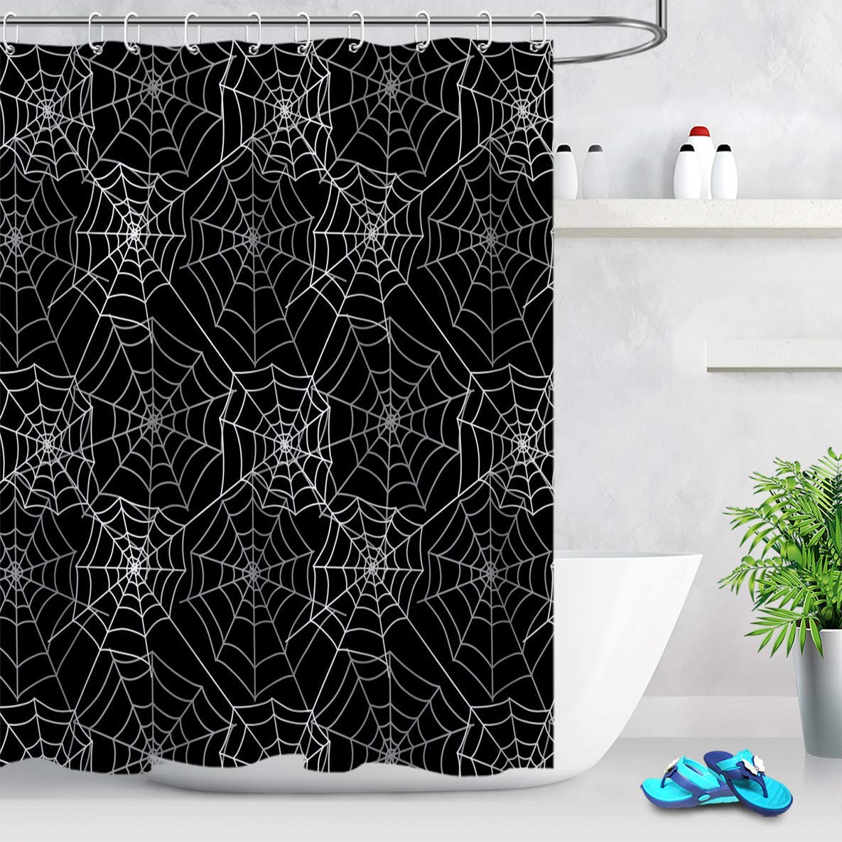 Lb Halloween Shower Curtain Spider Web Decor Black Grey Bathroom Curtain With Hooks 60X72 Inch Waterproof Polyester Fabric Bathr