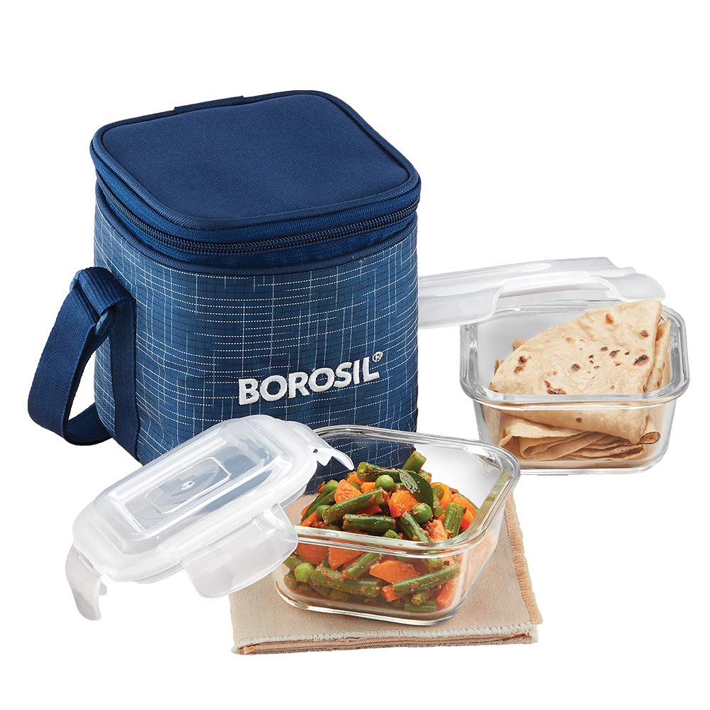 Borosil Indigo Glass Lunch Box Set Of 2, 320 Ml, Vertical, Microwave Safe Office Tiffin