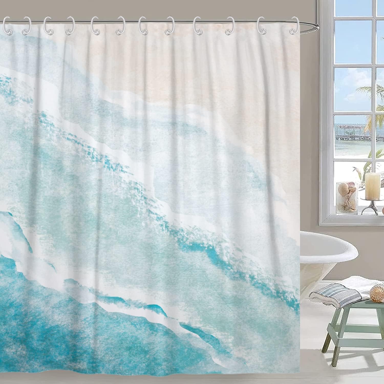 Gcirec Beach Shower Curtain, Teal Blue Coastal Ocean Beach Theme Bathroom Curtain Waterproof Fabric Machine Washable With Hooks,